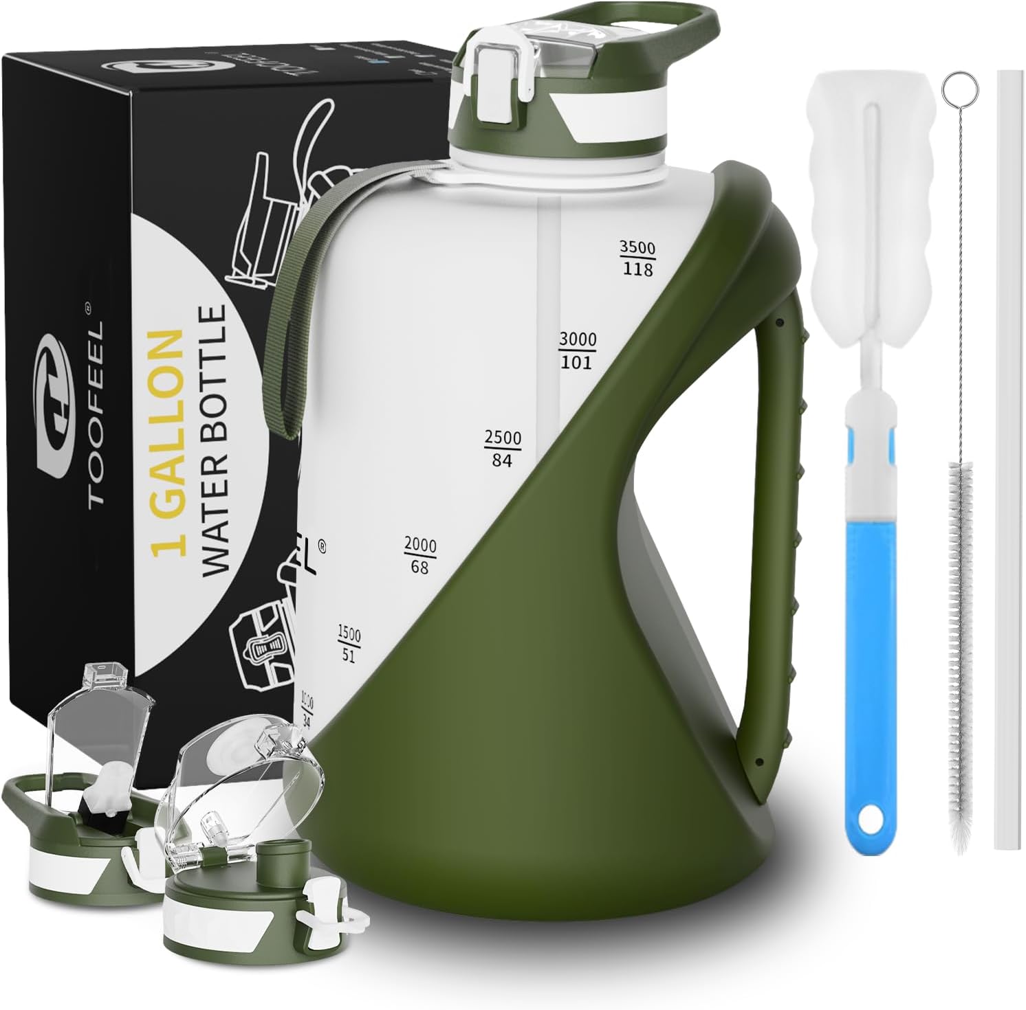 TOOFEEL 1 Gallon Water Bottle - 128 oz with Straw & Chug Lid - BPA Free, Gym & Travel Bottle - Military Green and White