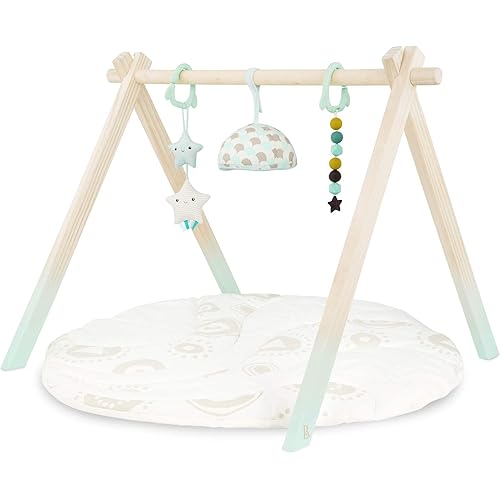 B. toys – Wooden Baby Play Gym – Activity Mat – Starry Sky – 3 Hanging Sensory Toys – Natural Wood – Babies, Infants