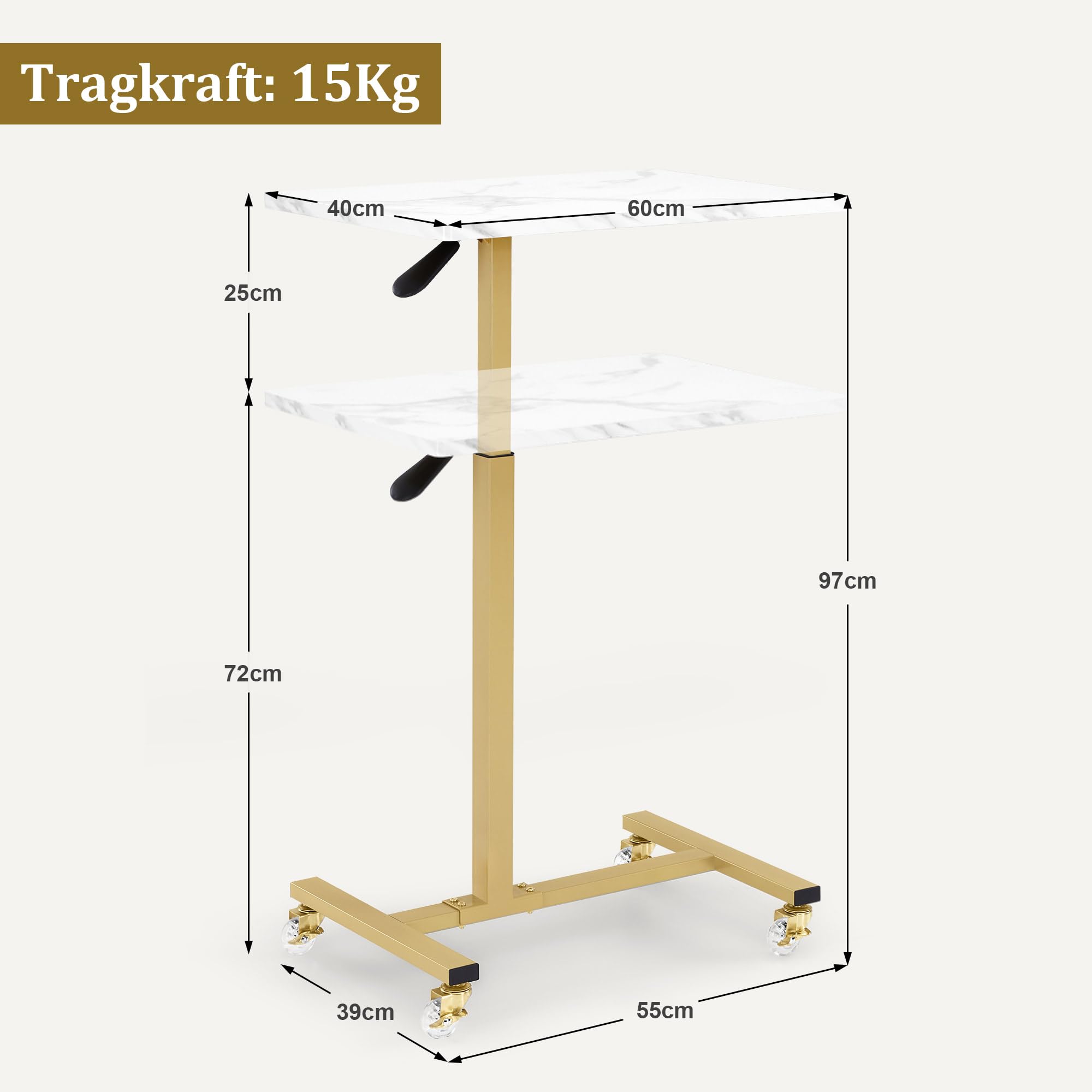 Barberpub Beistelltisch mit Rollen Höhenverstellbar Salon-Tablettwagen Gold C Form Friseurwagen 40x60x72/97cm Weiß-Gold