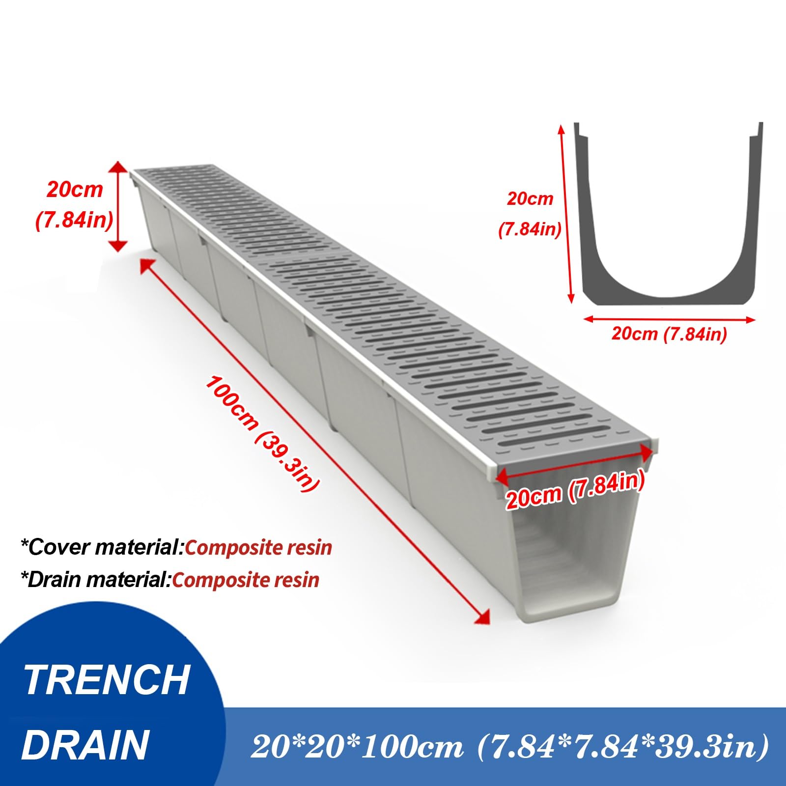 Générique Kit de caniveaux de Drainage linéaires extérieurs - Système de Drainage en résine avec Grille pour allée, terrasse, Jardin et Cour, 20 x 20 cm (7,8 x 7,8 po) -