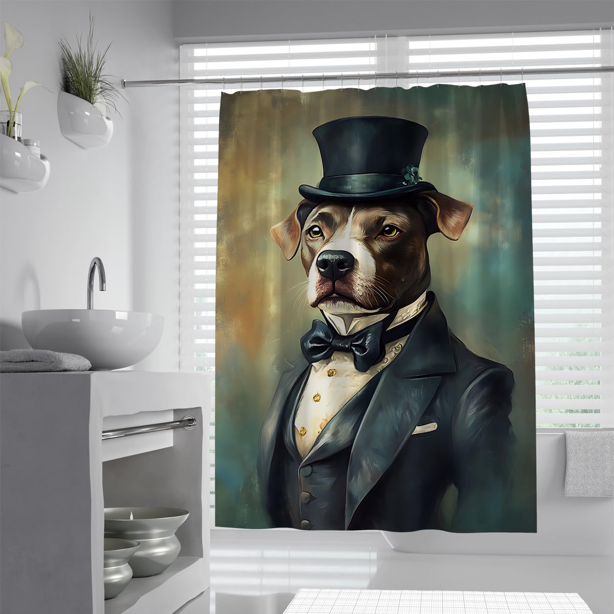 UIRINGART Cool Puppy Bath Curtains W200xL240cm Water Repellent Anti Mould Retro Dog Top Hat Gentleman Fabric Bathroom Screen Rustproof Grommets Tub Liners