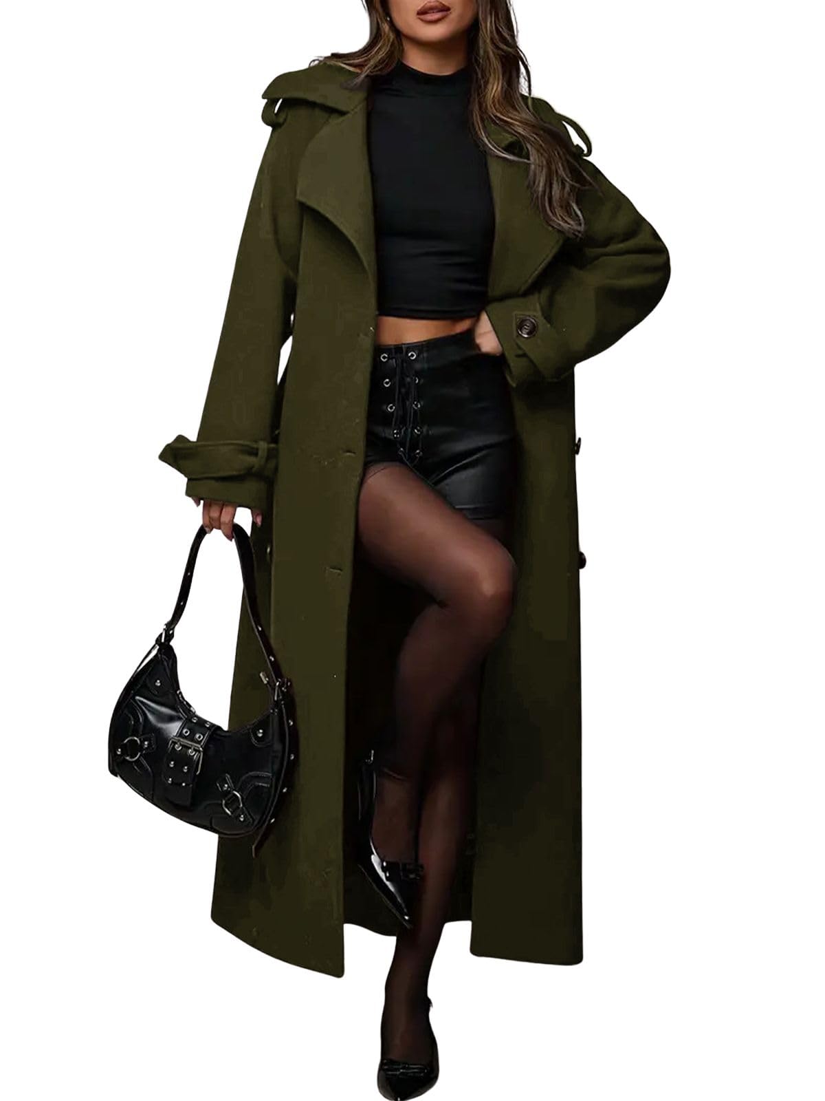 chouyatou Womens Winter Double Breasted Midi Long Wool Coat Business Casual Notch Lapel Winter Trench Coat with Belt