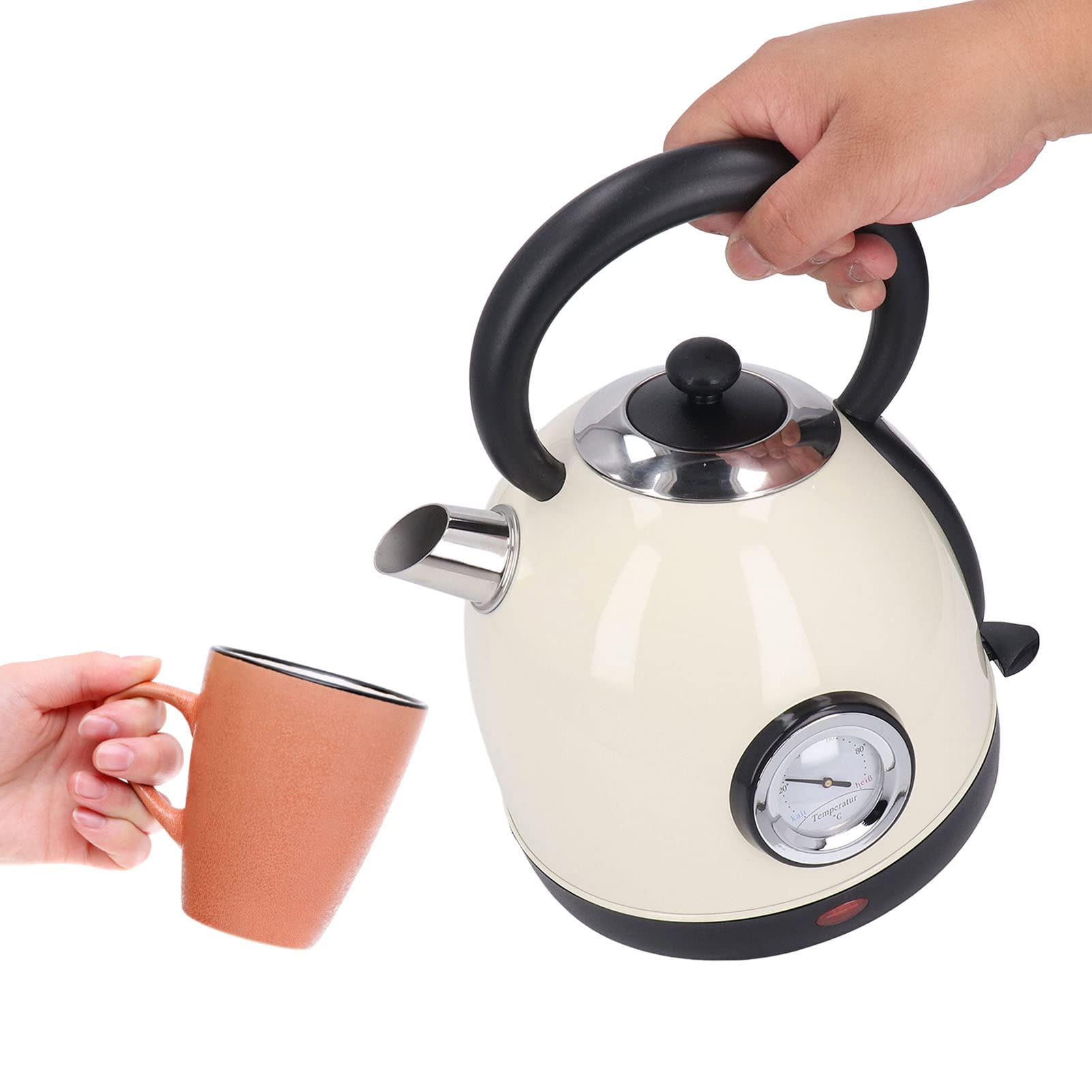 Hervidor Eléctrico de 1,8 L, con Base de 360°, Termómetro e Interruptor Indicador, Ebullición Rápida, Protección Contra Ebullición en Seco, Hervidor de Agua Retro para Preparar Té y Café(Bianco)