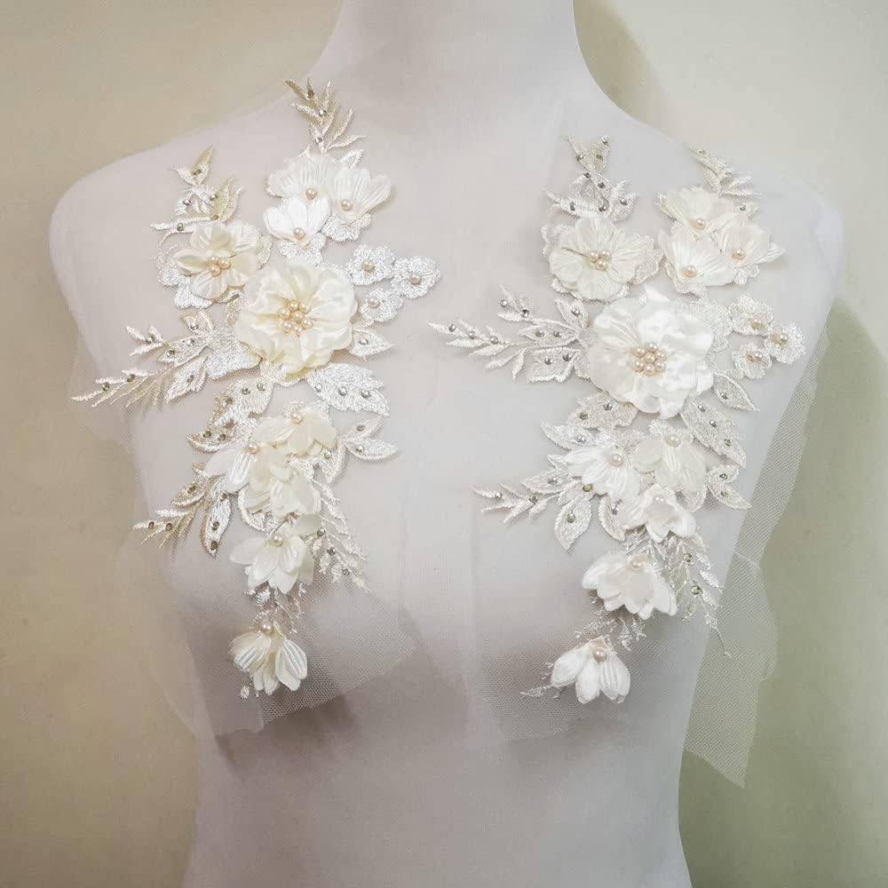 Embroidered Patches Nail Bead Tulle Applique Flower Patch for Clothing Wedding Dress Lace Fabric DIY Decoration (Champagne Color)