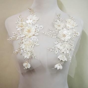 Embroidered Patches Nail Bead Tulle Applique Flower Patch for Clothing Wedding Dress Lace Fabric DIY Decoration Champagne Color