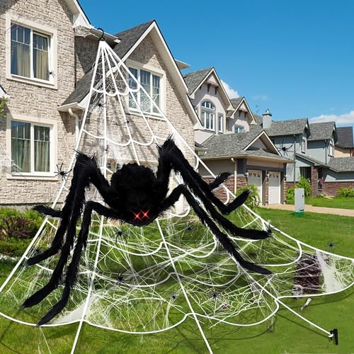 AMLOOPH Large Halloween Decorations Outdoor Spider Web, 59 Hairy Giant Spider + 200 Triangular Spider Web +60g Cobwebs 30Mini Fake Spiders For Scary Halloween House Indoor Outdoor Party Decorations
