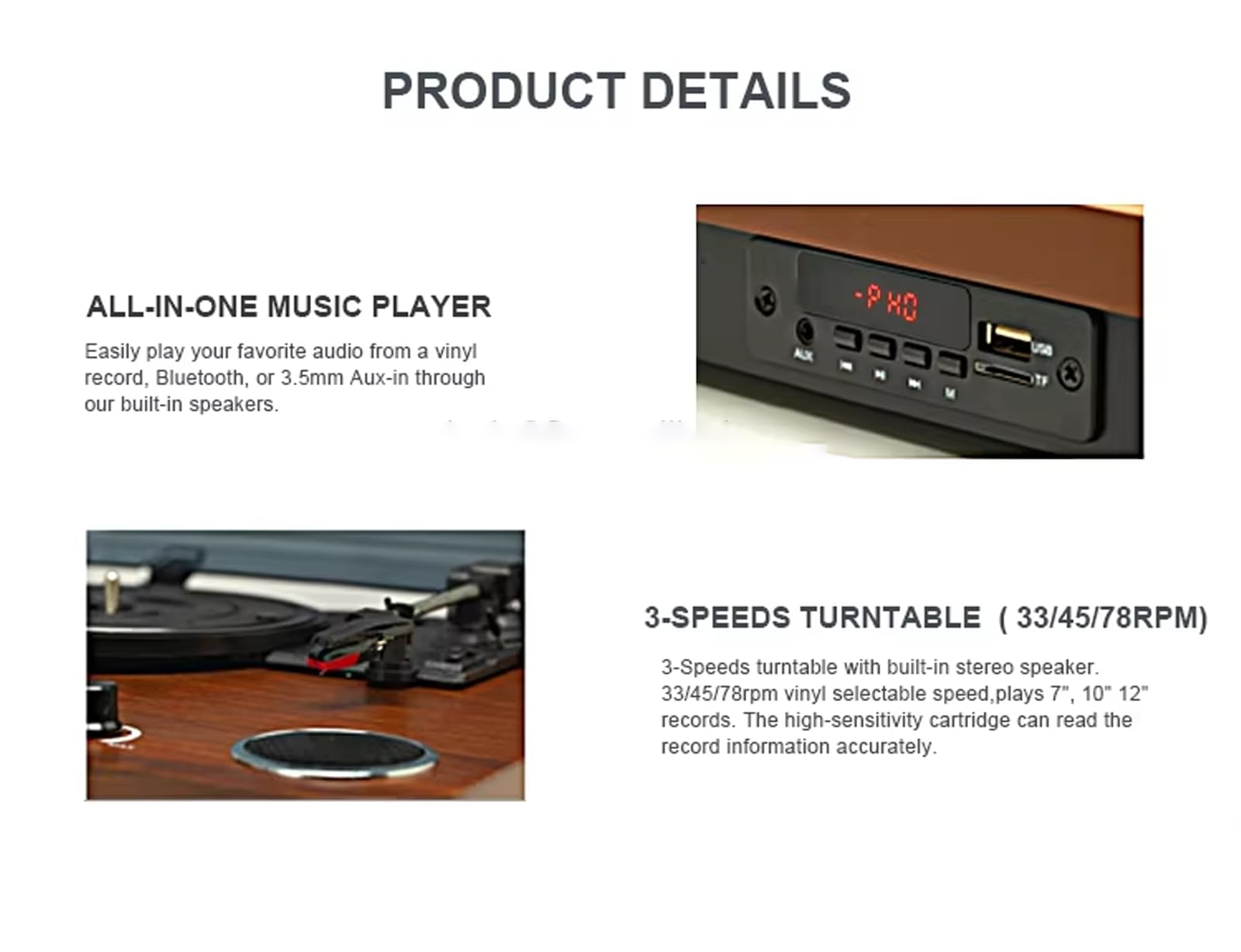 Giradischi con altoparlanti - Dischi in vinile da 7/10/12", 33/45/78 giri, Bluetooth integrato, radio FM, uscita RCA, USB, ingresso AUX, riproduzione wireless - Design in legno e plastica marrone