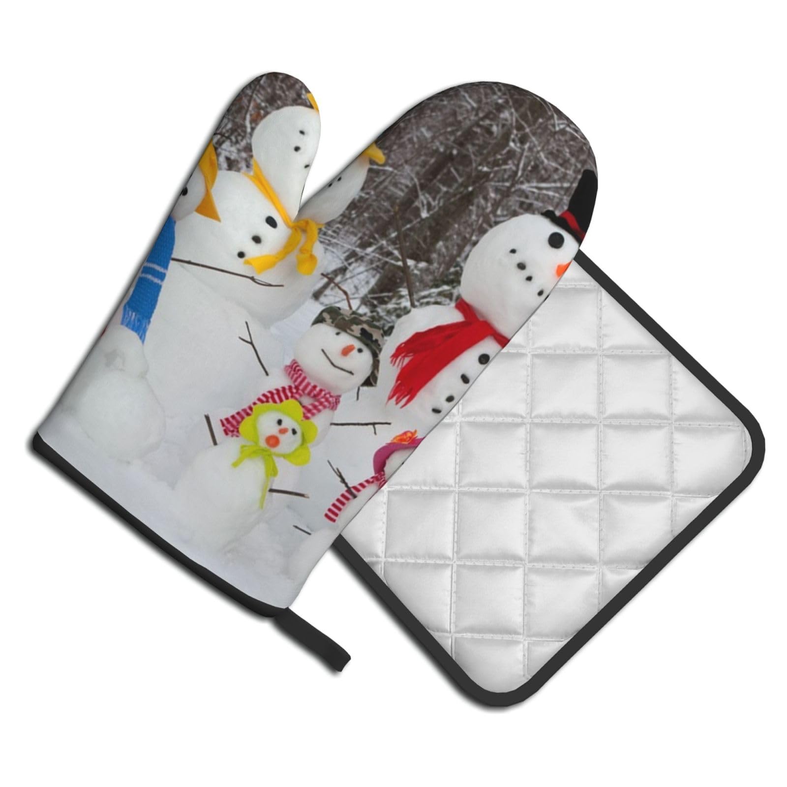 Oven Mitts and Pot Holders Set of 2 Pcs, Snowman Family Printed Heat Resistant Kitchen Gloves Potholders for Cooking Baking Grilling