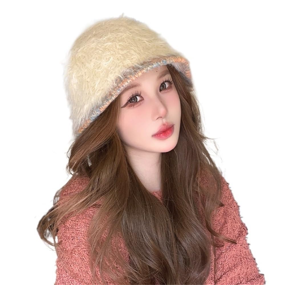 Chapeau Seau Fausse Fourrure Beige pour Femme - Bob Hiver 2025 Peluche Chaud