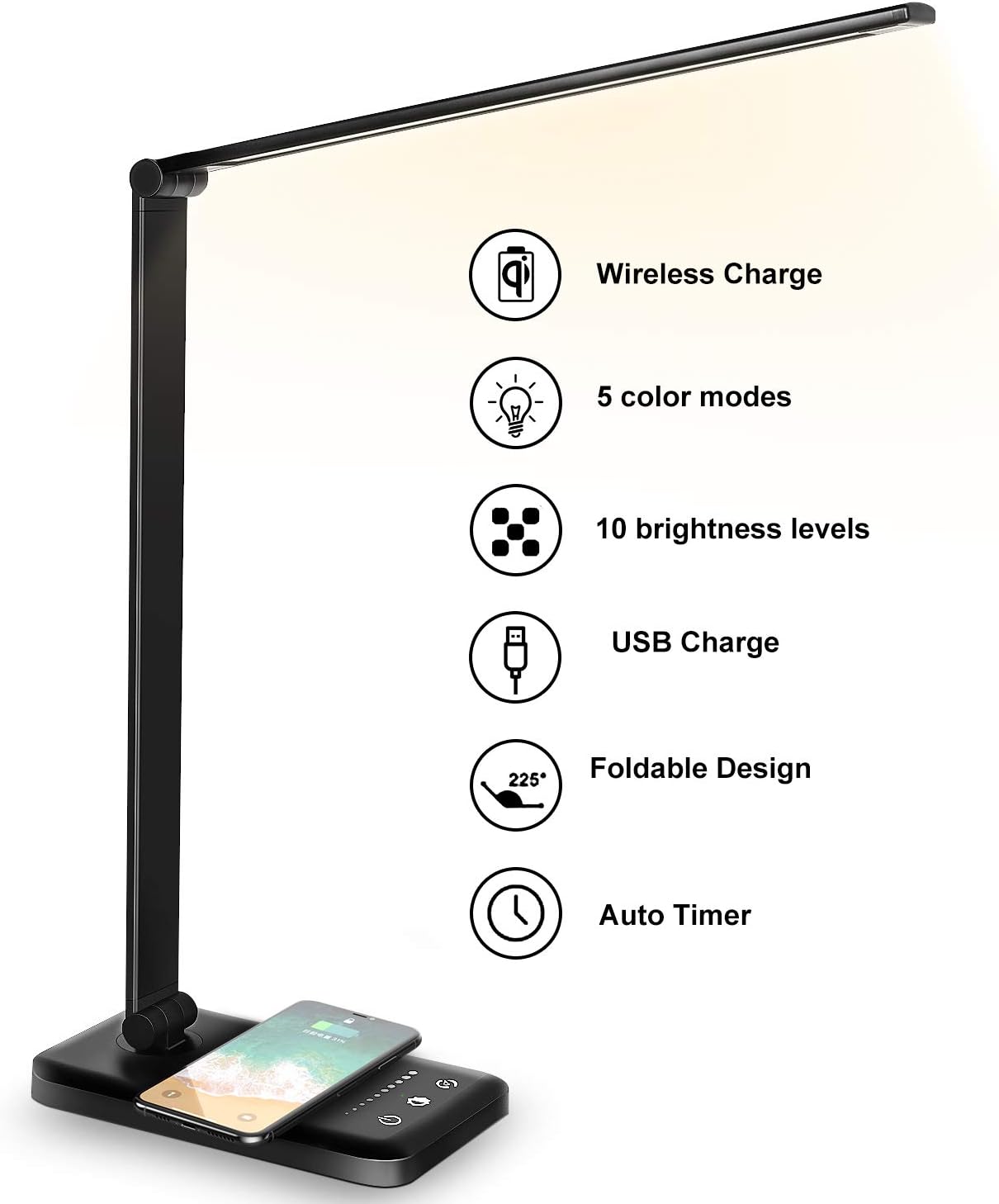 LED Desk Lamp with Wireless Charger, Dimmable Office Desk Light with USB Charging Port, 5 Lighting Modes with 10 Brightness Levels, Touch Control, Auto Timer 30 / 60min, Eye-Caring Table Lamps Black - - 