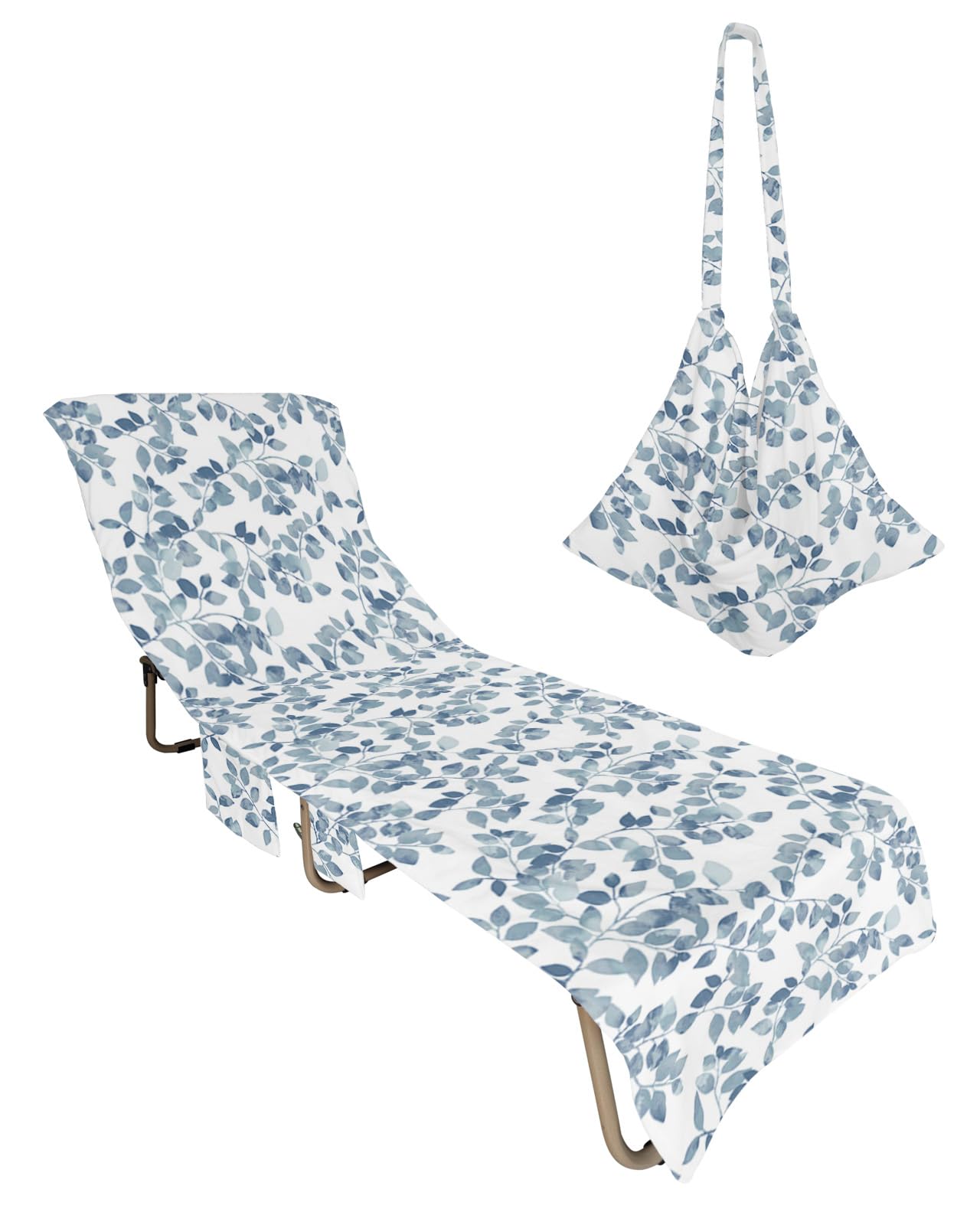 Blue Botanical Beach Lounge Chair Towel Cover, Soft Chaise Lounge Towel with Side Pockets Patio Pool Chairs Cover for Beach/Pool Sunbathing 29x85 Watercolor Blue Leaf Pastoral