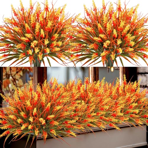Image of Bassion 24 Bundles Fake Lavender Artificial Fall Mums Flowers for Outdoors | UV resistant, plastic flowers, faux lavender with monkey grass, porch garden planters window box autumn home decorations