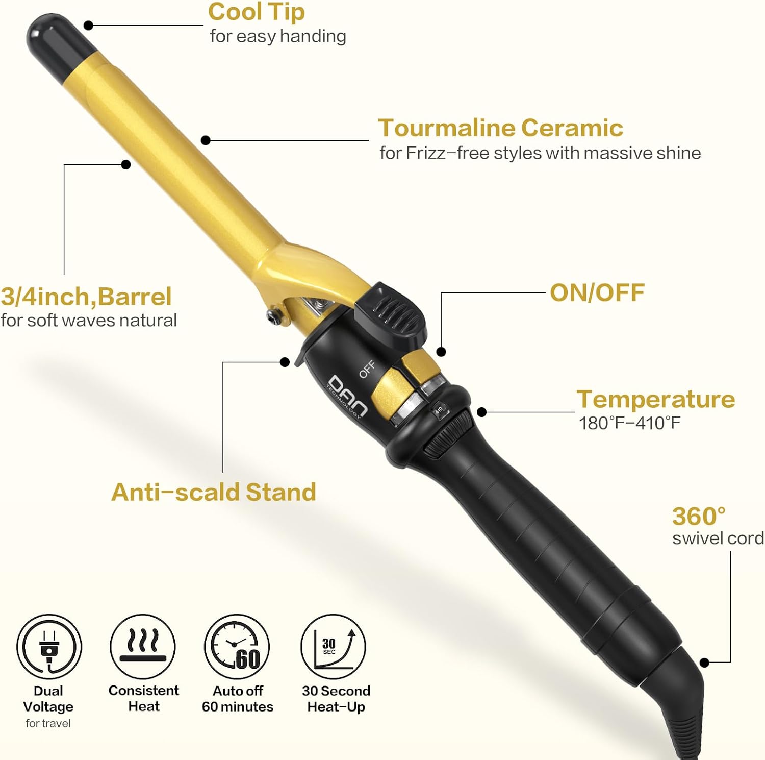 DAN Technology 3/4 Inch Curling Iron Wand for Classic Natural Curls, Tourmaline Ceramic Hair Curler with 180°F–430°F Adjustable Temperature, Fast Heating, Dual Voltage, Auto Shut-Off, Black & Gold - Image 6