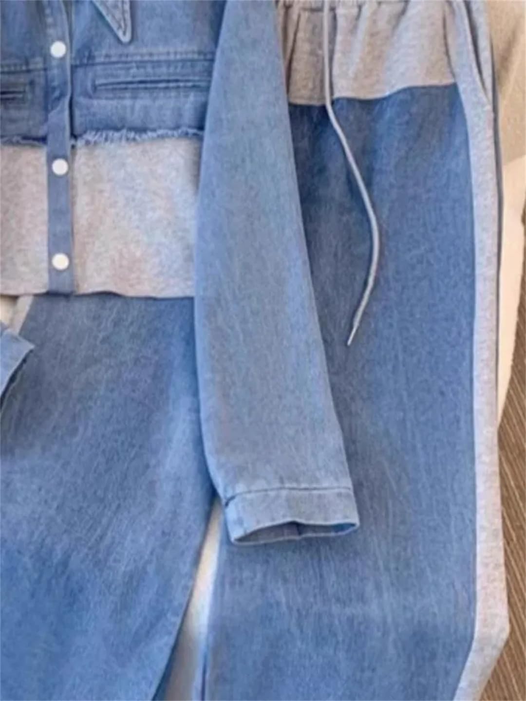 Womens Denim Patchwork Pants Sets Long Sleeve Single-Breasted Short Jacket Straight Trousers Two Piece Set
