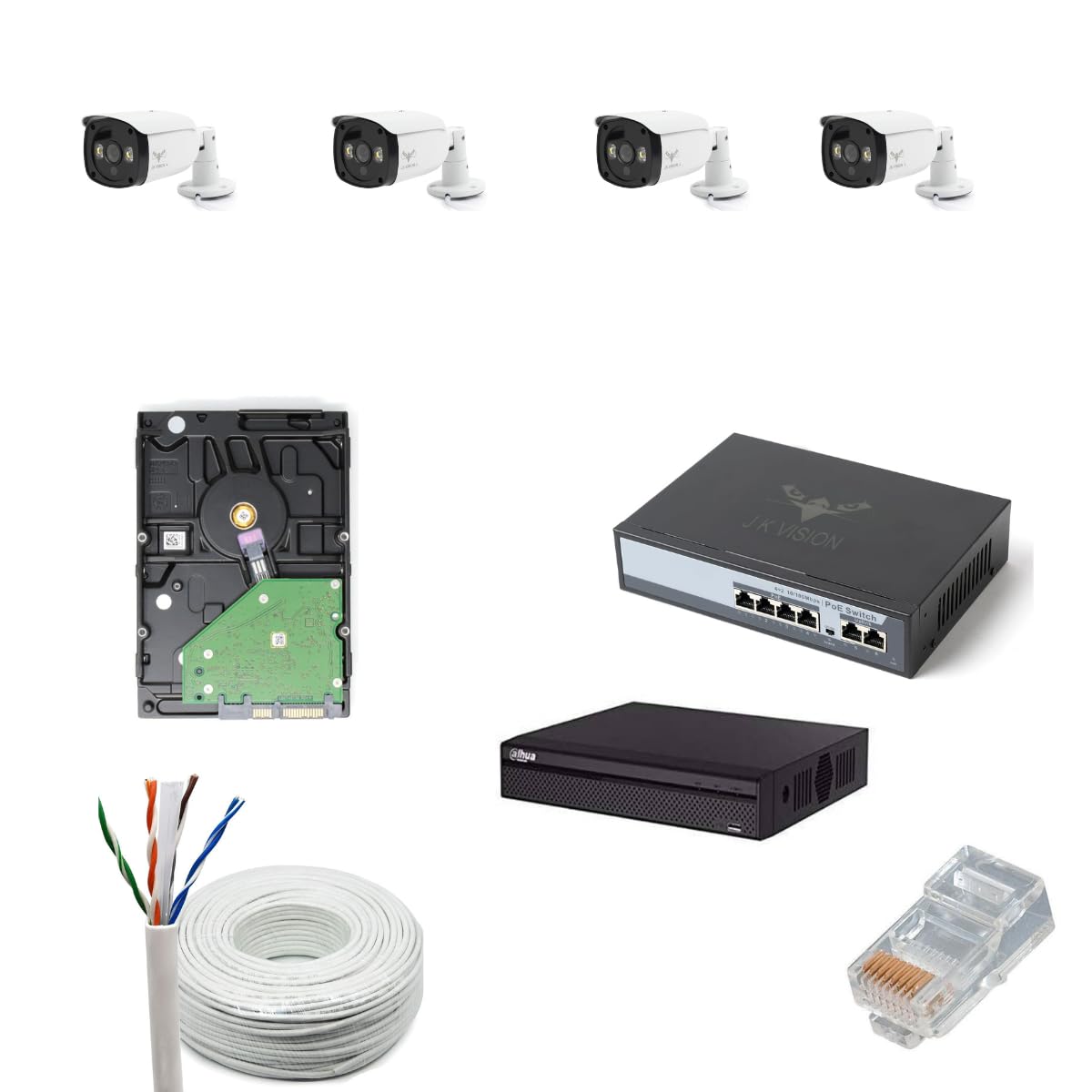 jk vision 5MP CCTV IP Camera Full Set, 4 Bullet, 5 Channel NVR, 4 Port POE, 1TB Hard Disk, Cat6 Cable, 8 RJ45 Connector-picture-2