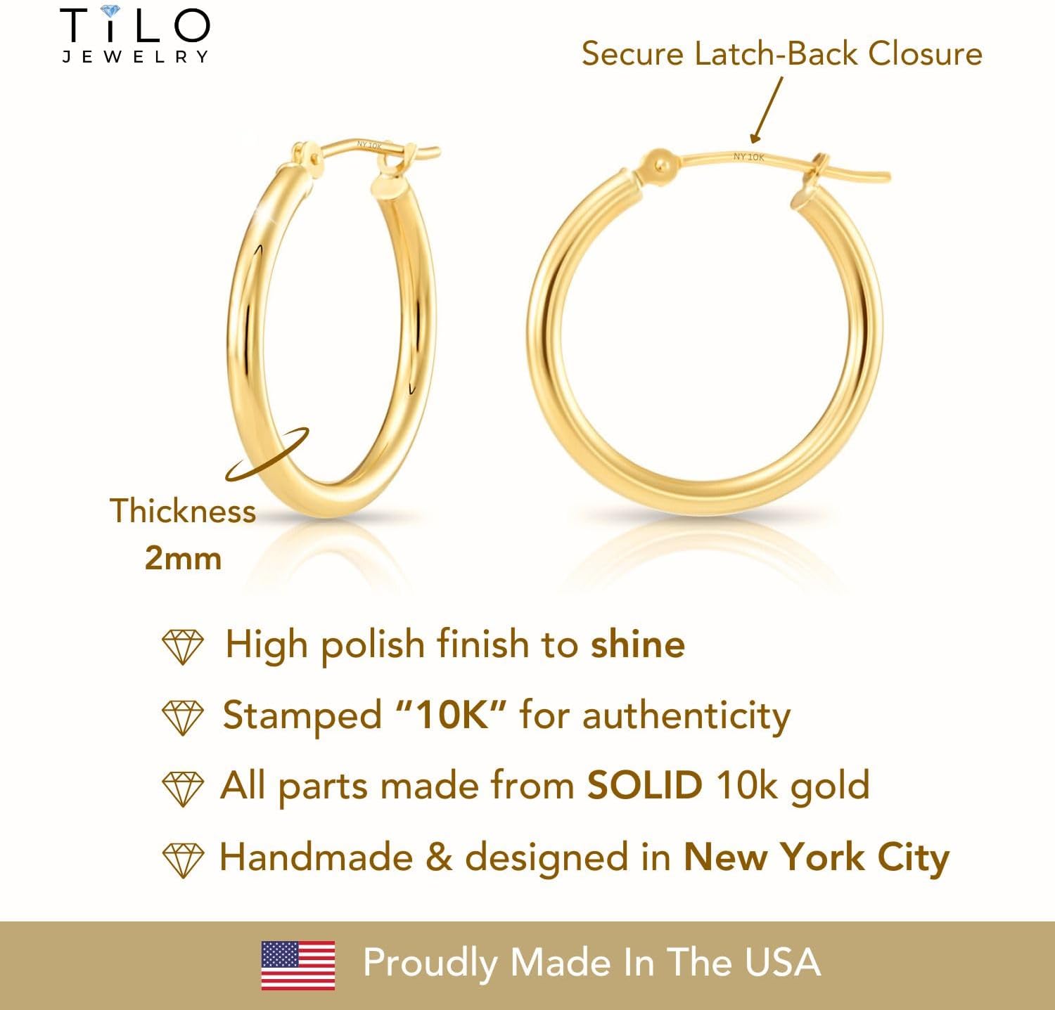 10K Yellow Gold Classic Shiny Polished Hoop Earrings, Plain Round Gold Hoops, Gold Earrings for Women and Men, 10K Real Gold - Image 4