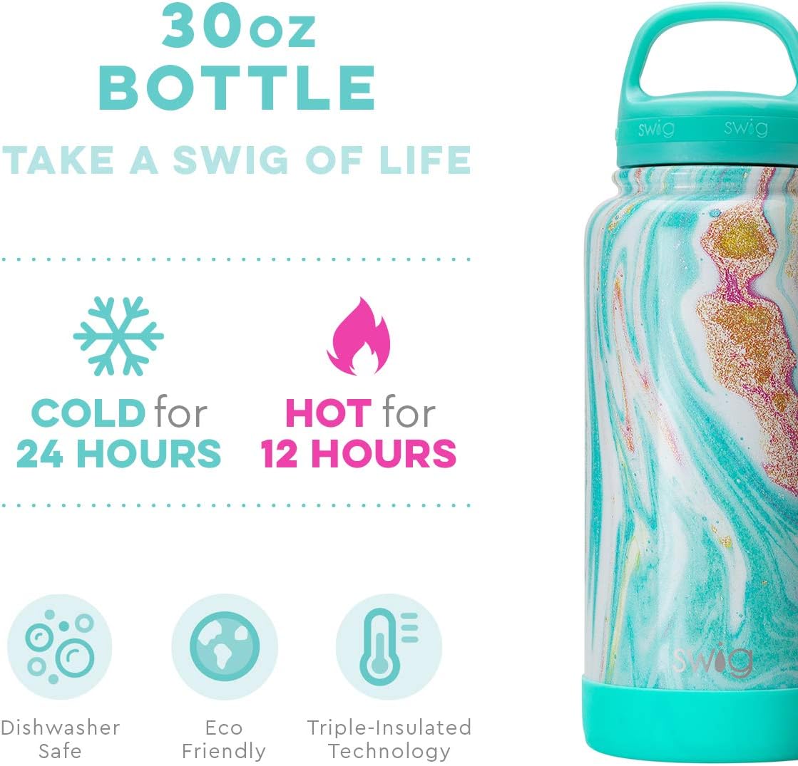Swig Life 30oz Triple Insulated Stainless Steel Wide Mouth Water Bottle with Handle, Dishwasher Safe, Double Wall, Vacuum Sealed, Reusable in Wanderlust Print