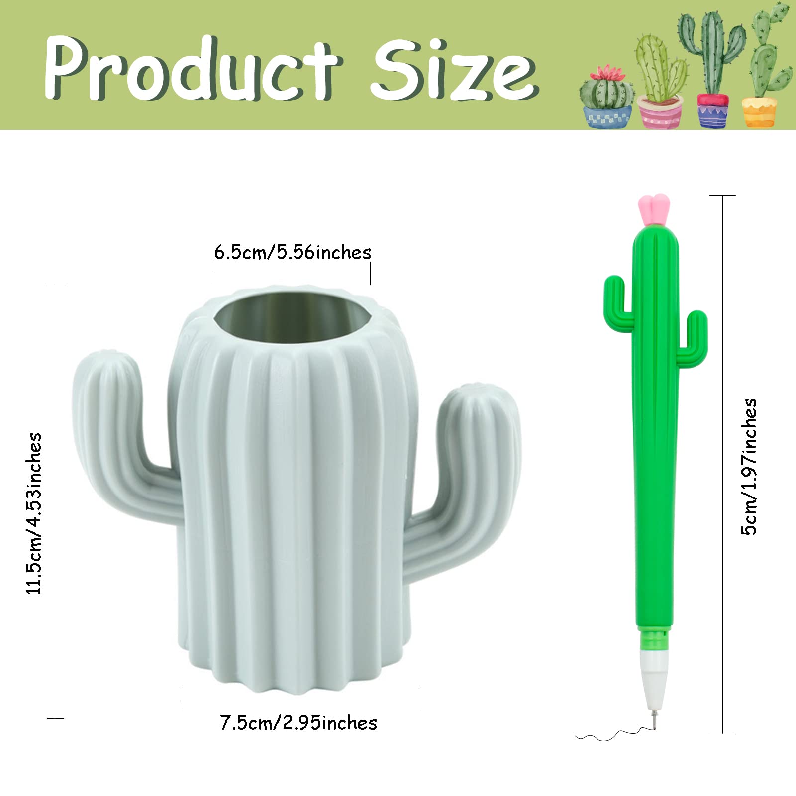 CIOUYAOS 2-in-1 Cactus Pen Holder with 4 Gel Pens, Cute Kawaii Desk Accessories Storage Box for Makeup Stationery Brush Holder - Image 2