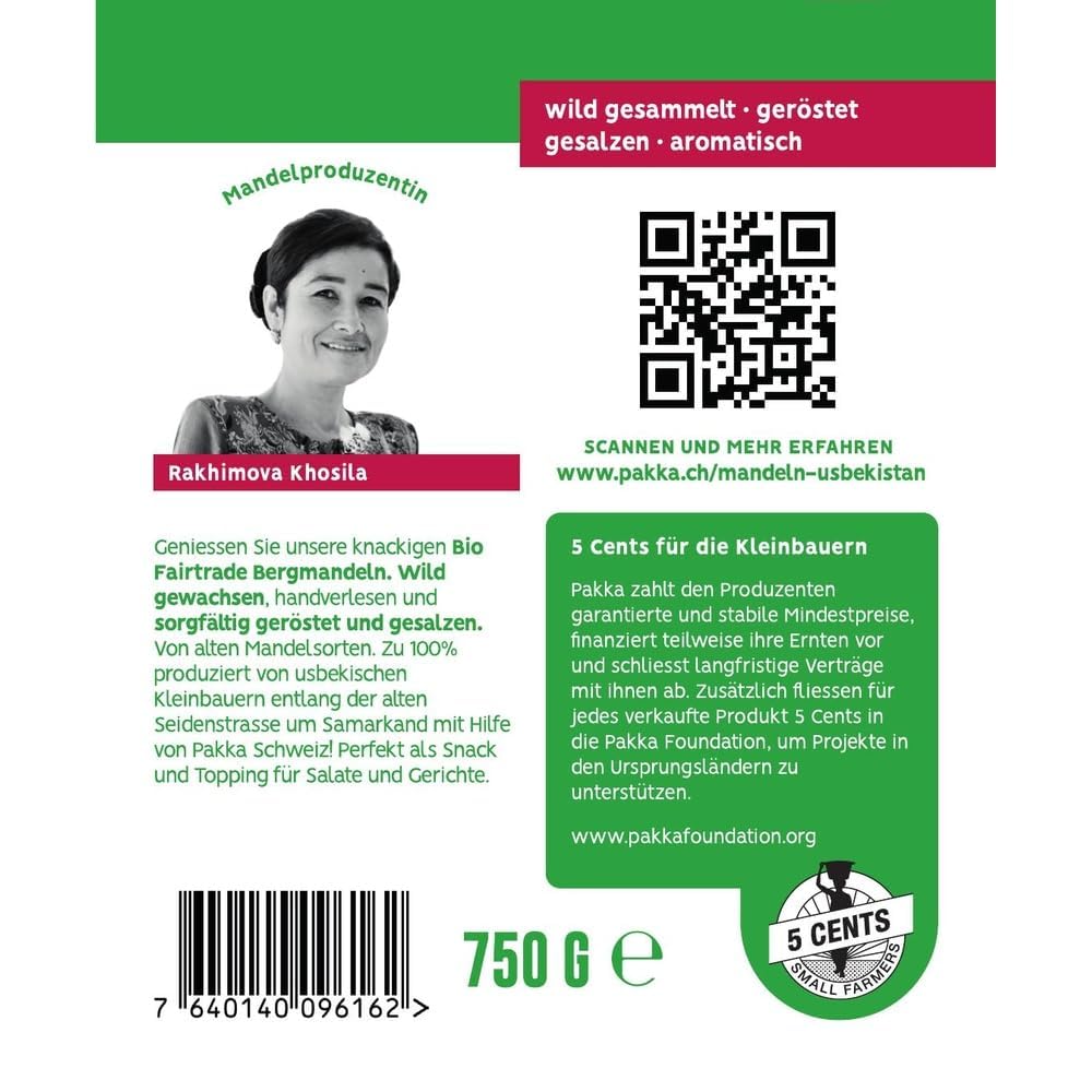 PAKKA – Bio Fairtrade Mandeln geröstet gesalzen 750gr, Öko geröstete Mandeln, direkt hergestellt und abgefüllt vom Produzenten in Usbekistan, vegan, Familienpackung, Value-Pack 0,75kg (1er Pack)
