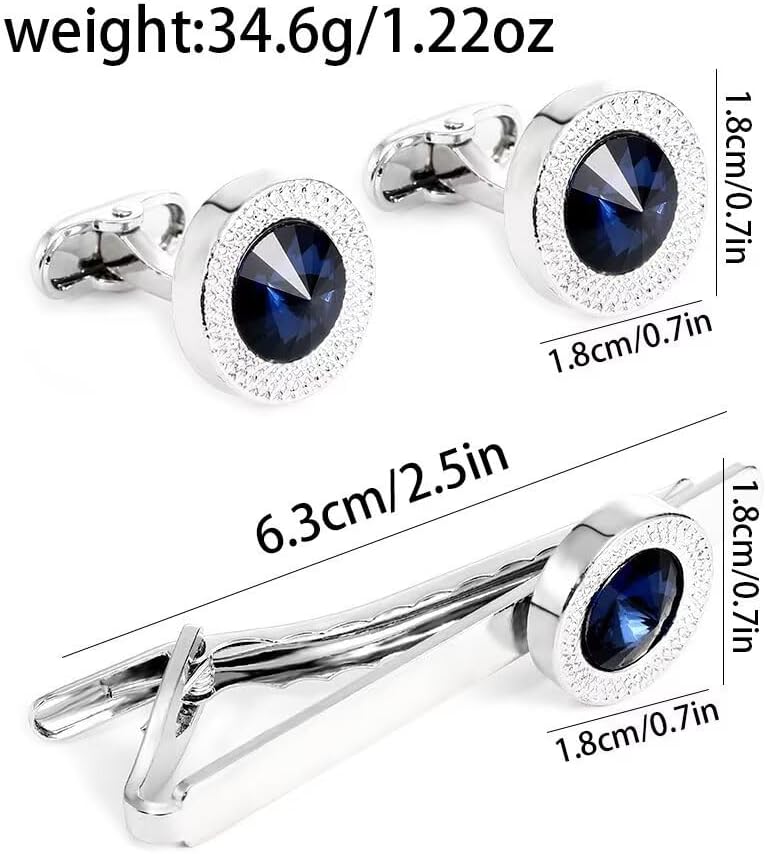 Blue Diamond Cufflinks and Tie Clip Silver Cuff Links Set for Men Wedding