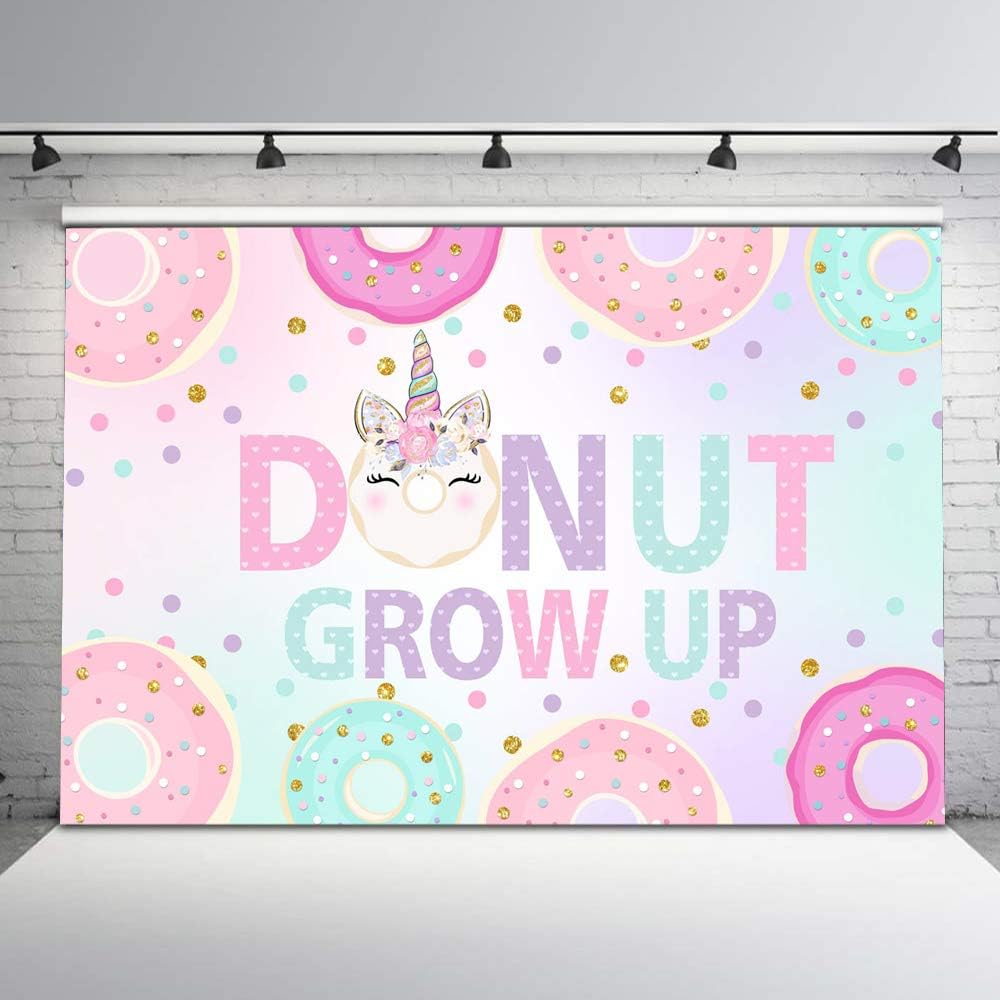 Mocsicka Donut Grow Up Birthday Backdrop Unicorn and Donut Birthday Photo Background 7x5ft Vinyl Donut Grow Up First Birthday Party Backdrops