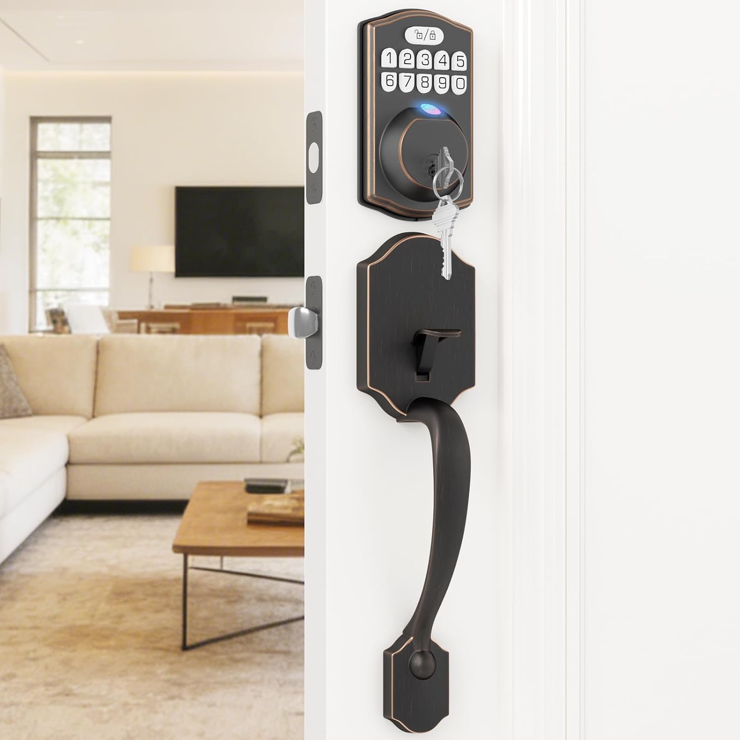 HOSOM Smart Fingerprint Door Lock Set, Keyless Entry Front Door Handle Set, Electronic Keypad Deadbolt with Lever Handle, Auto-Locking, One-Time Codes, 2 Keys, Easy to Install, Oil-Rubbed Bronze