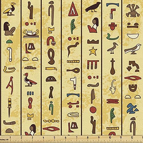 Ambesonne Egyptian Print Fabric by The Yard, Colorful Hieroglyphics on Papyrus Old Paper Style Background Cairo Culture, Decorative Fabric for Upholstery and Home Accents, 1 Yard, Beige