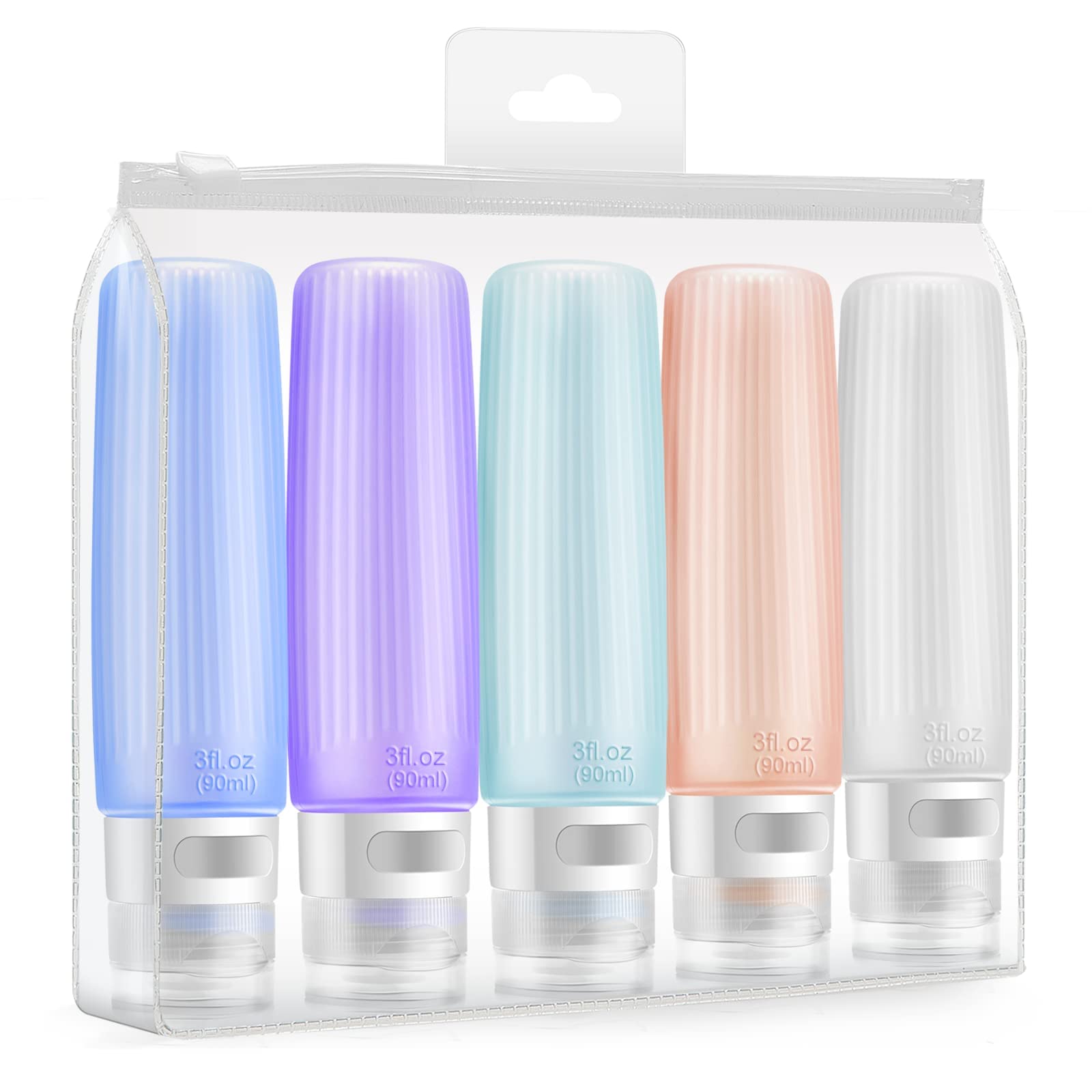 BIGTHREEBIGTHREE Travel Bottles for Toiletries, 5 Pack 3 OZ Tsa Approved Travel Size Containers, Silicone Leak Proof BPA Free Squeezable Travel Essentials for Shampoo Conditioner Lotion Cosmetic on Travel
