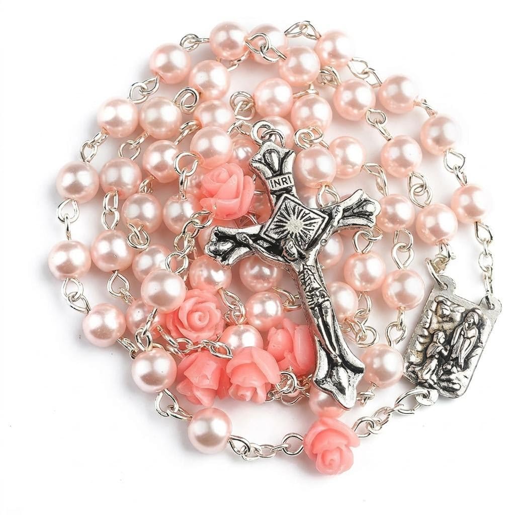 Nazareth Store Pink Pearl Catholic Rosary Necklace with 6mm Glass Beads Rose Mystery Our Lady of Lourdes Medal 1.6 Inch Crucifix 17 Inch