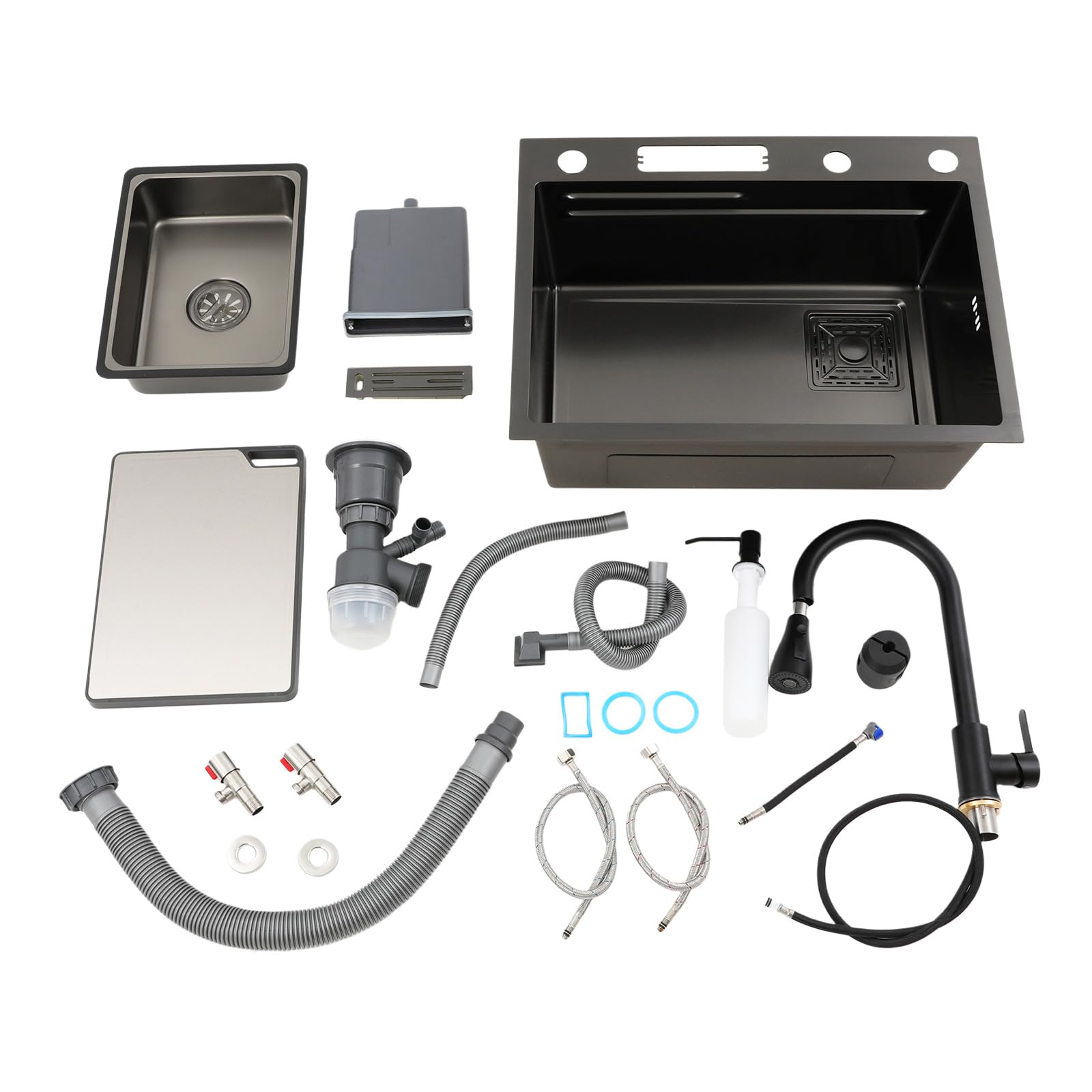 Fregadero de acero inoxidable 60 x 45 cm negro con grifo extraíble | 1 platillo, montaje empotrado, incluye tabla de cortar, lavabo interior, tubo de drenaje y dispensador de jabón