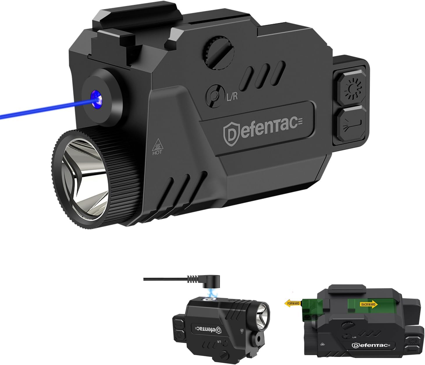DEFENTAC 800 Lumens Pistol Light Laser Combo, Strobe Tactical Flashlight with Blue Beams for Compact Guns W/a Rail, Rechargeable, Adjustable