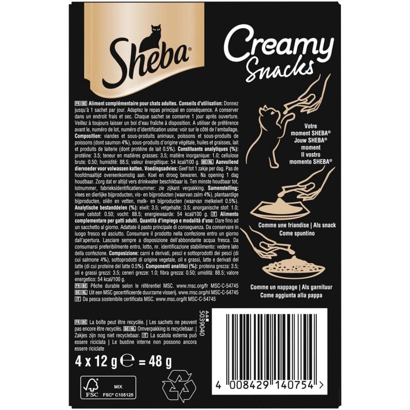 Animals Sheba – Creamy Snacks dulces de salmón para gatos adultos 4X12G – Juego de 4