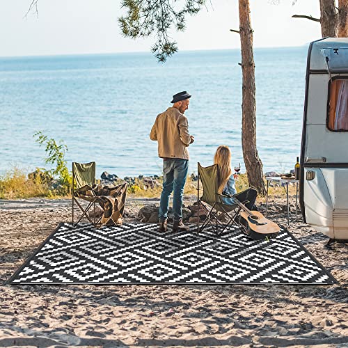 Image of GENIMO Outdoor Rug, Waterproof Plastic Rugs for Patio, 5'x8' Black White