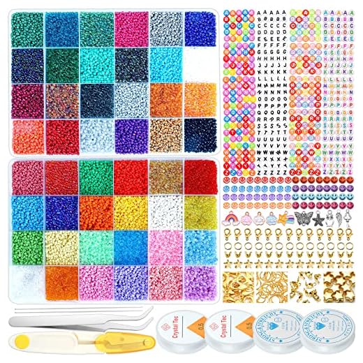 38400pcs 2mm Glass Seed Beads for Jewelry Making Kit, 416pcs Letter Beads & 100pcs Smiley Face Beads 48 Colors Waist Beads Kit Small Beads for Bracelets Necklace Ring with Complete Tool & Accessories