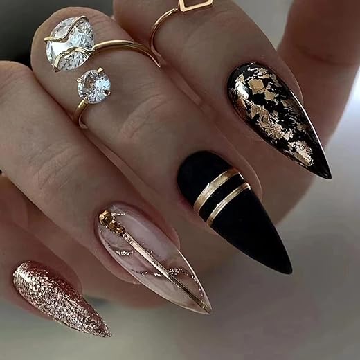 Black Almond Press on Nails Medium Length Gold Foil Fake Nails with Gold Foil Glitter Line Designs Glossy Coffin Nails Full Cover Nail Tips Glue on Nails Artificial Acrylic False Nails for Women 24Pcs