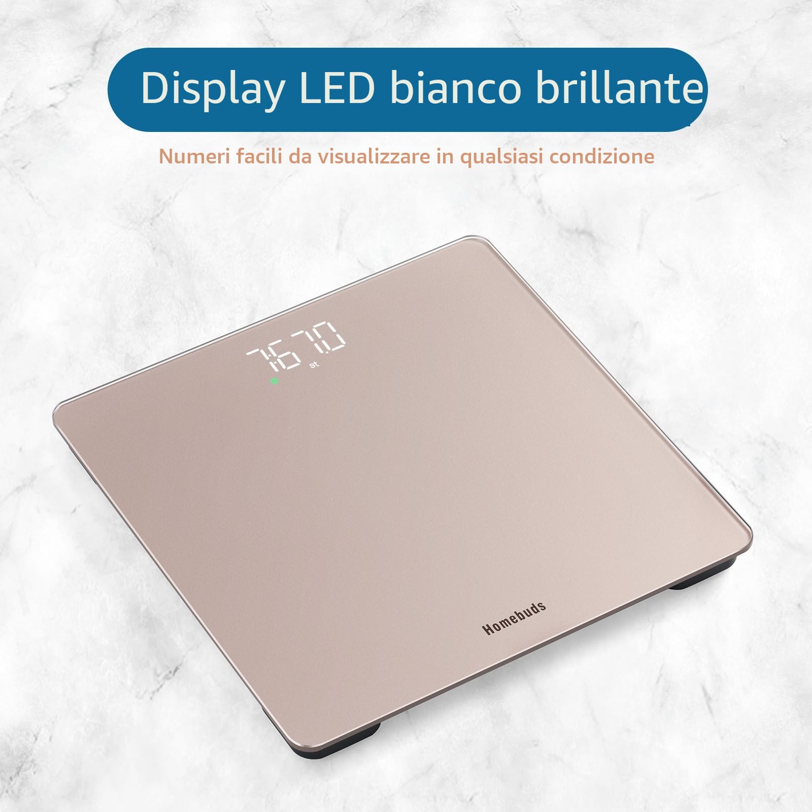 Homebuds Bilancia Pesapersone, Precisione 0,05kg Dalla Nostra Fabbrica Professionale Dal 2001, Bilancia Digitale Step On e LED Bianco per Una Facile Visualizzazione, 3*AAA Incluse, 182kg, Oro Rosa