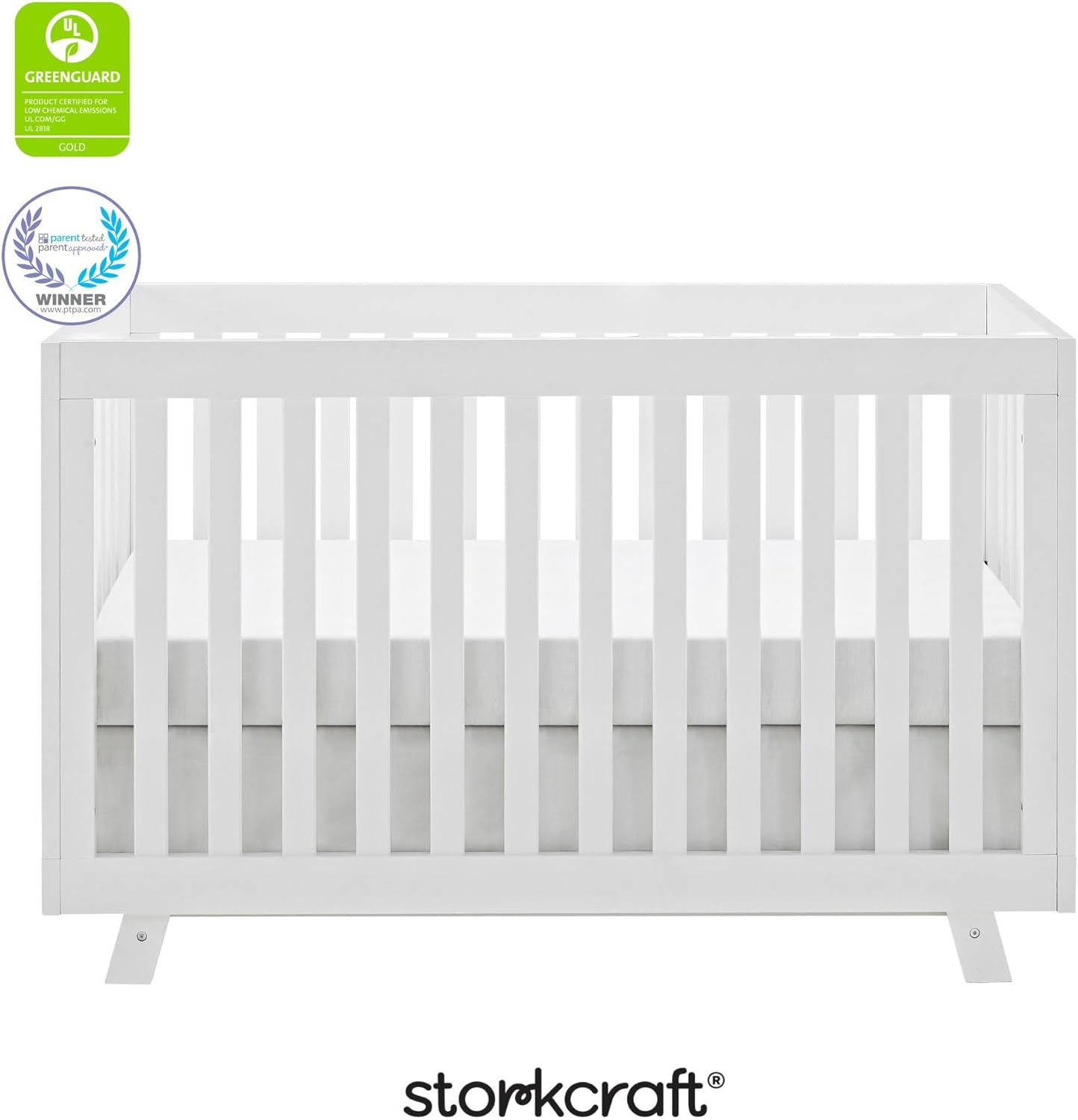 Storkcraft Beckett 3-in-1 Convertible Crib – GREENGUARD Gold Certified, Fits Standard Crib Mattress, Converts to Toddler Bed and Daybed, 4 Mattress Heights, Grow-with-Me Design (White)
