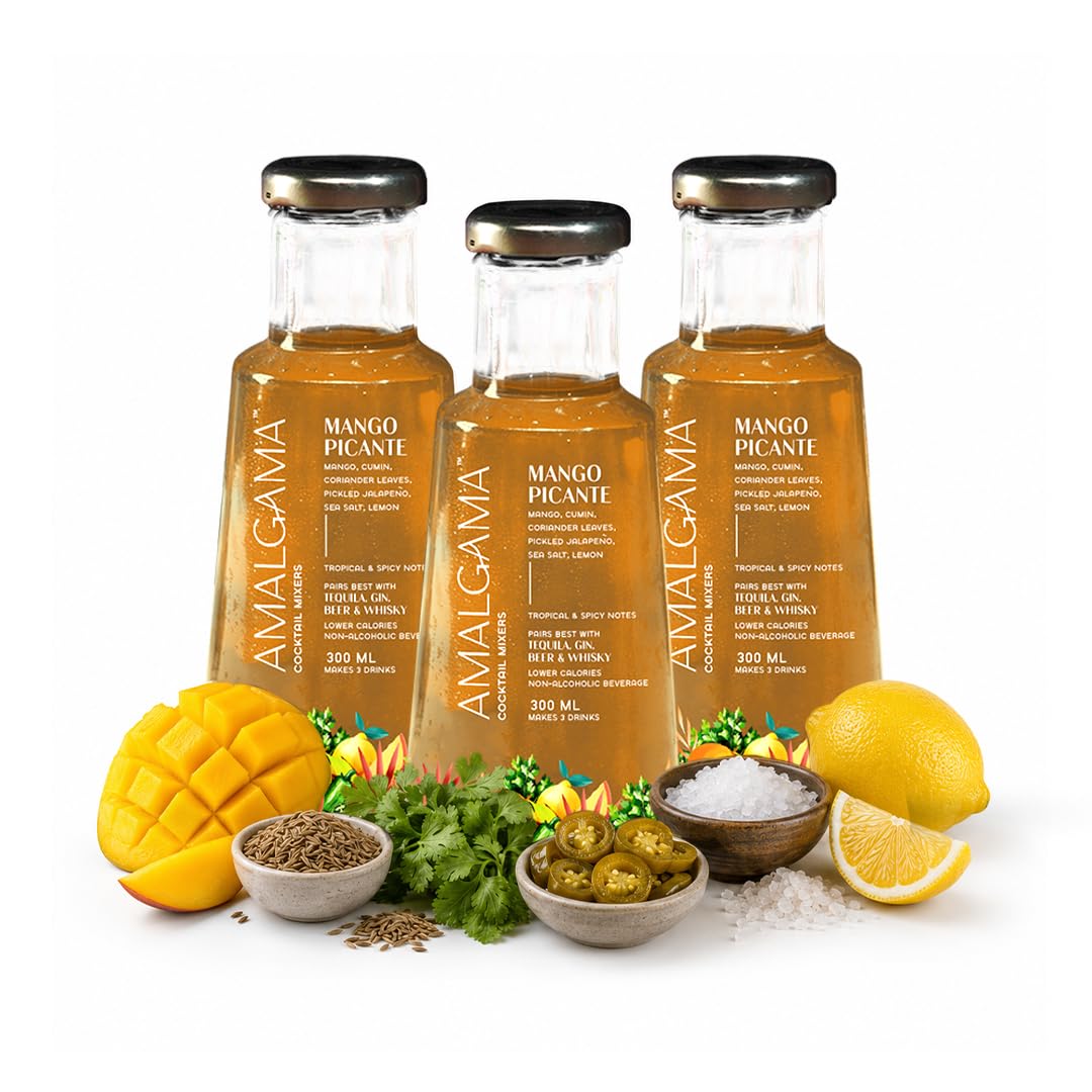AMALGAMA Mango Picante Mixer | Tropical & Spicy Juice-Based Beverage | Smooth Mango Cocktail Mixer for Tequila, Gin, Beer & Whisky | 300 ml Glass Bottle | Pack of 3-image-0