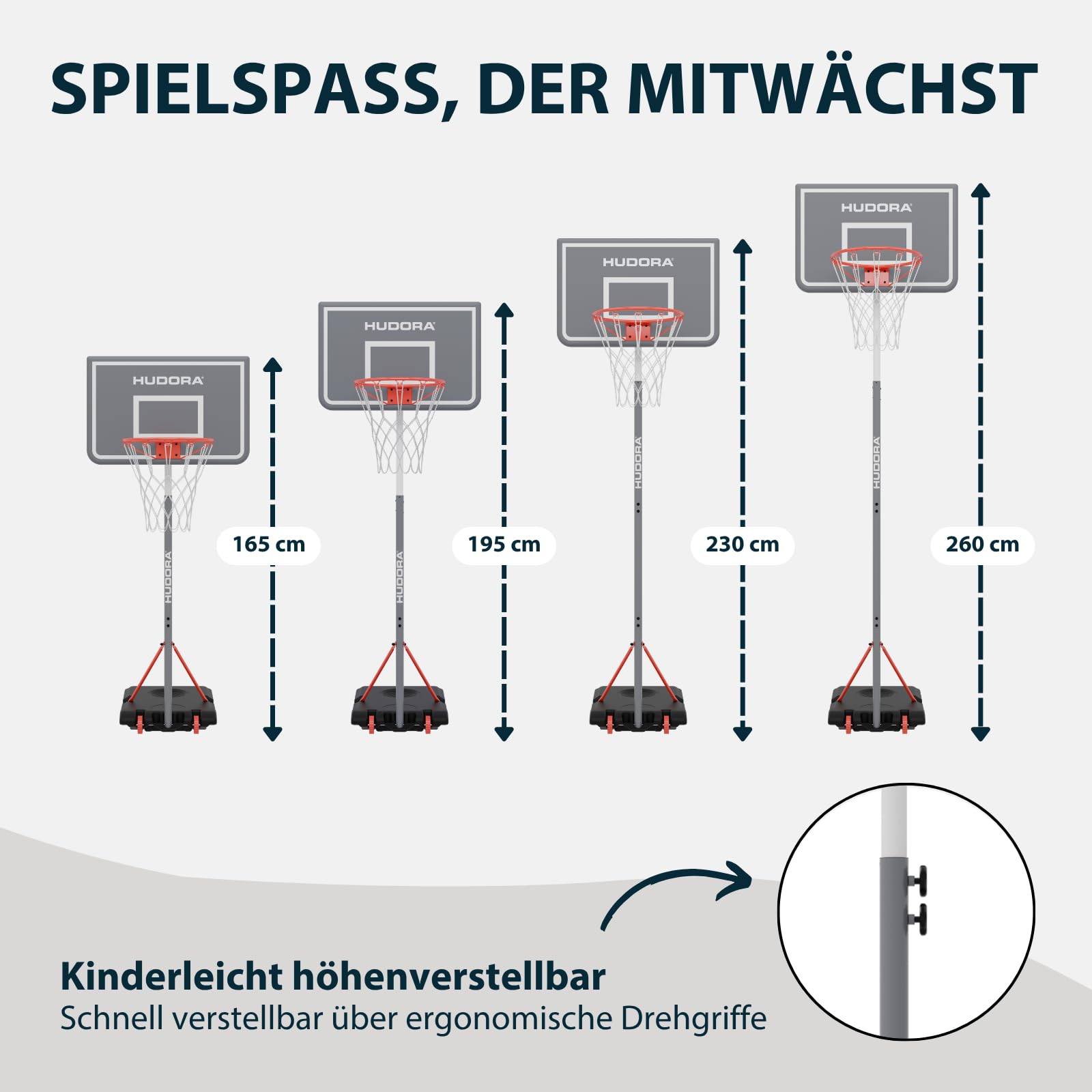 HUDORA Basketballständer RoCo 260 Lite - Höhenverstellbarer Basketballkorb - geeignet für Indoor und Outdoor - für Kinder und Jugendliche - Basketball Korb mit Ständer - Shadow, grau
