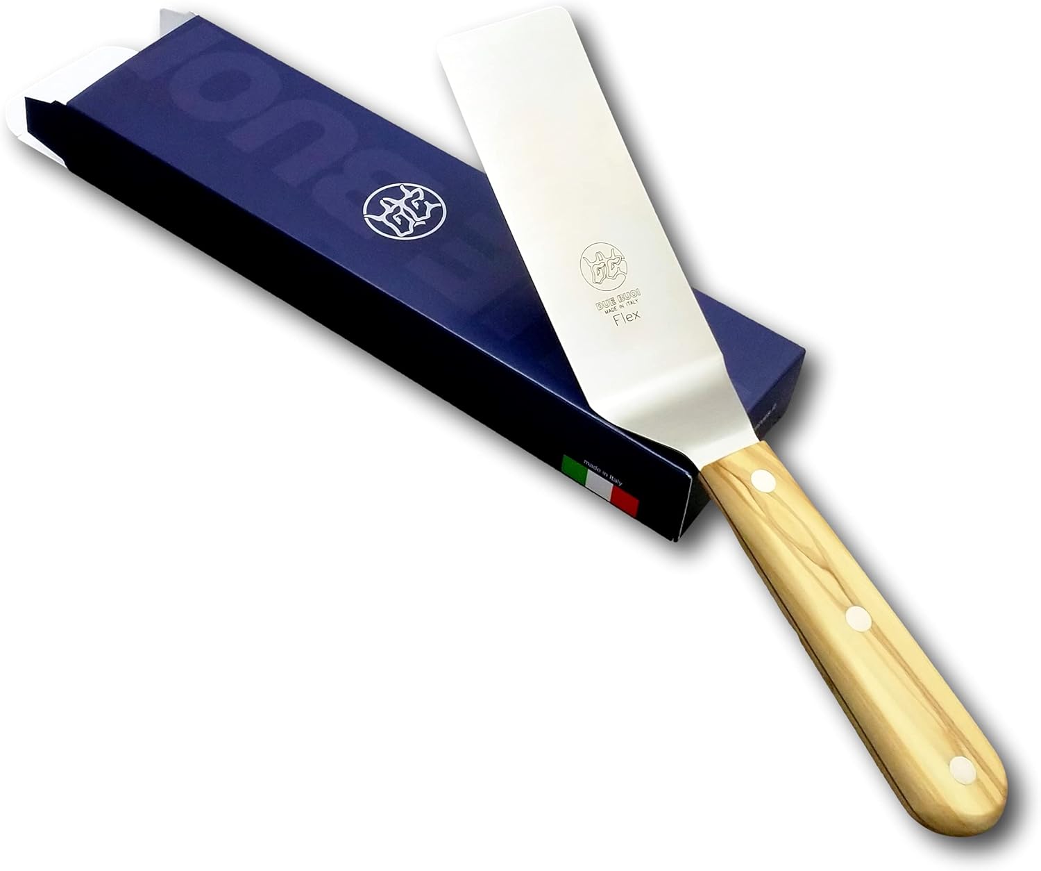 DUE BUOI Flexy Narrow Spatula Olive Wood Handle dimension 2” X 6” 1/3. Hardened stainless steel. Professional quality. Kitchen bbq grill griddle pastry. Full Tang Triple Riveted.