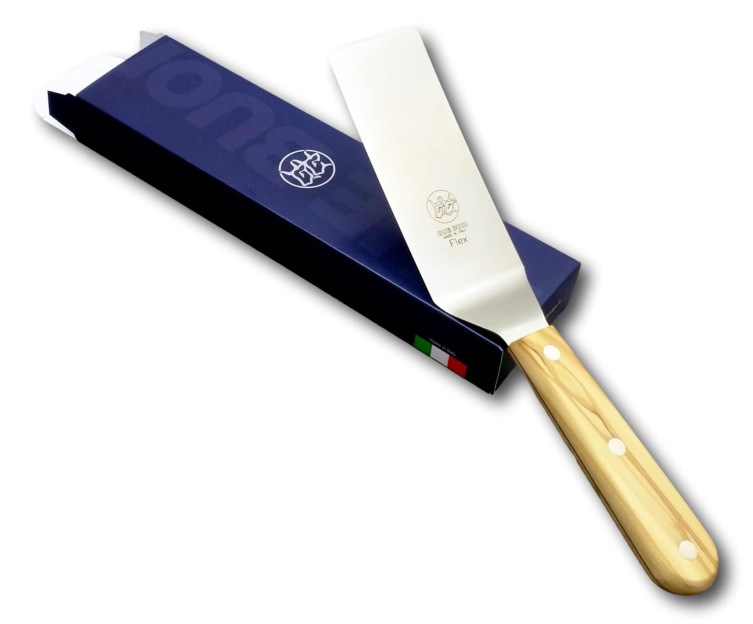 DUE BUOI Flexy - Espátula estrecha con mango de madera de olivo de 5 x 15 cm, acero inoxidable endurecido, calidad profesional, parrilla de cocina, parrilla, repostería, espiga completa, triple