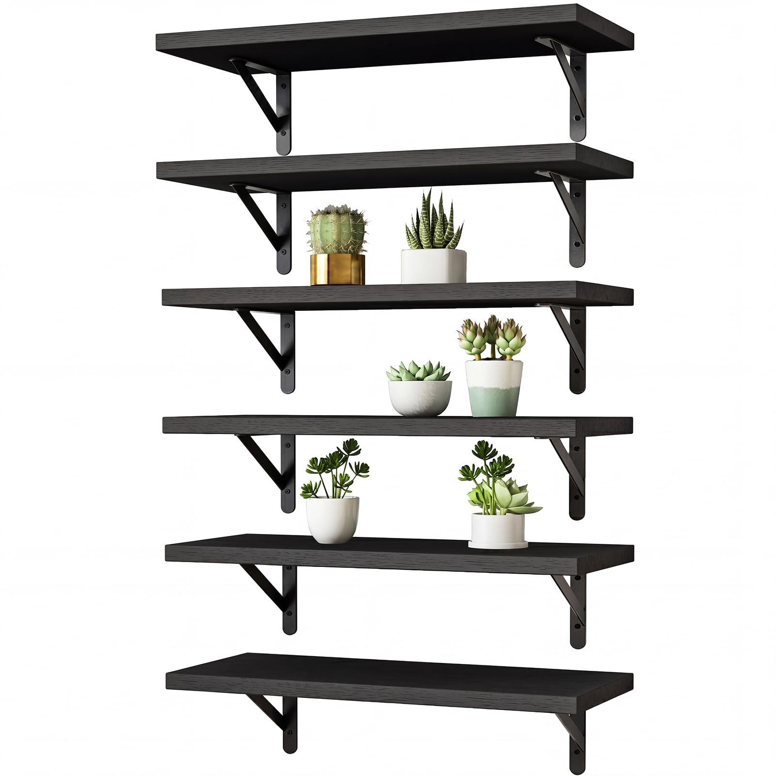 Floating Wall Shelves with Metal Brackets, Set of 6