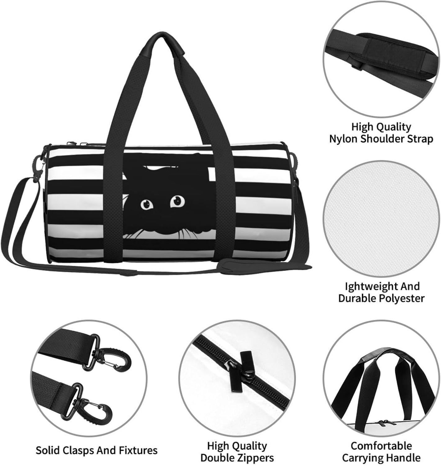 Cute Cat On Black And White Striped Background Sports Gym Bag Travel Duffel Bag Shoes Compartment For Men Women Foldable Lightweight Yoga Gym Sports Bag - Image 4
