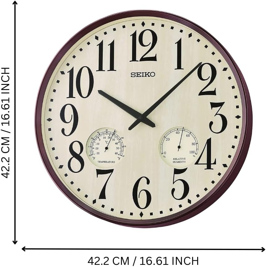 Seiko 16'' Brown Frame Wall Clock with Thermometer and Hygrometer