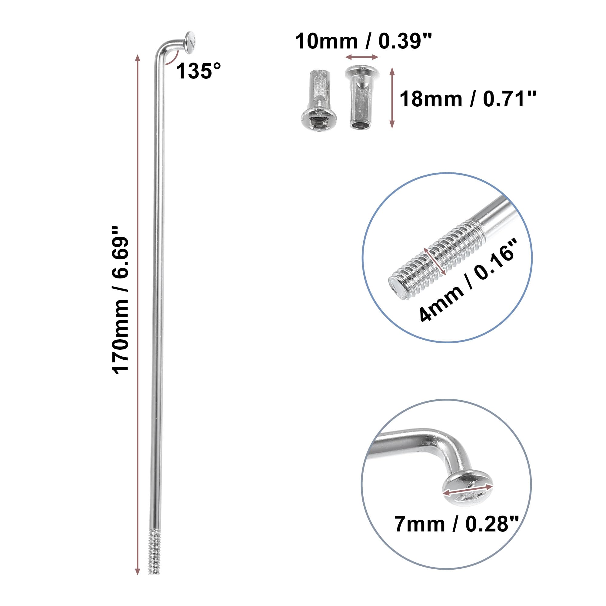 sourcing map Rayons De Roue De Moto avec Écrous Argent 36pcs 4mm 170mm | Argent, Avec Mamelons, Pour Reconstruction De Roue, Résistant, Anti-Impact, Améliore La Capacité De Charge Oscillante