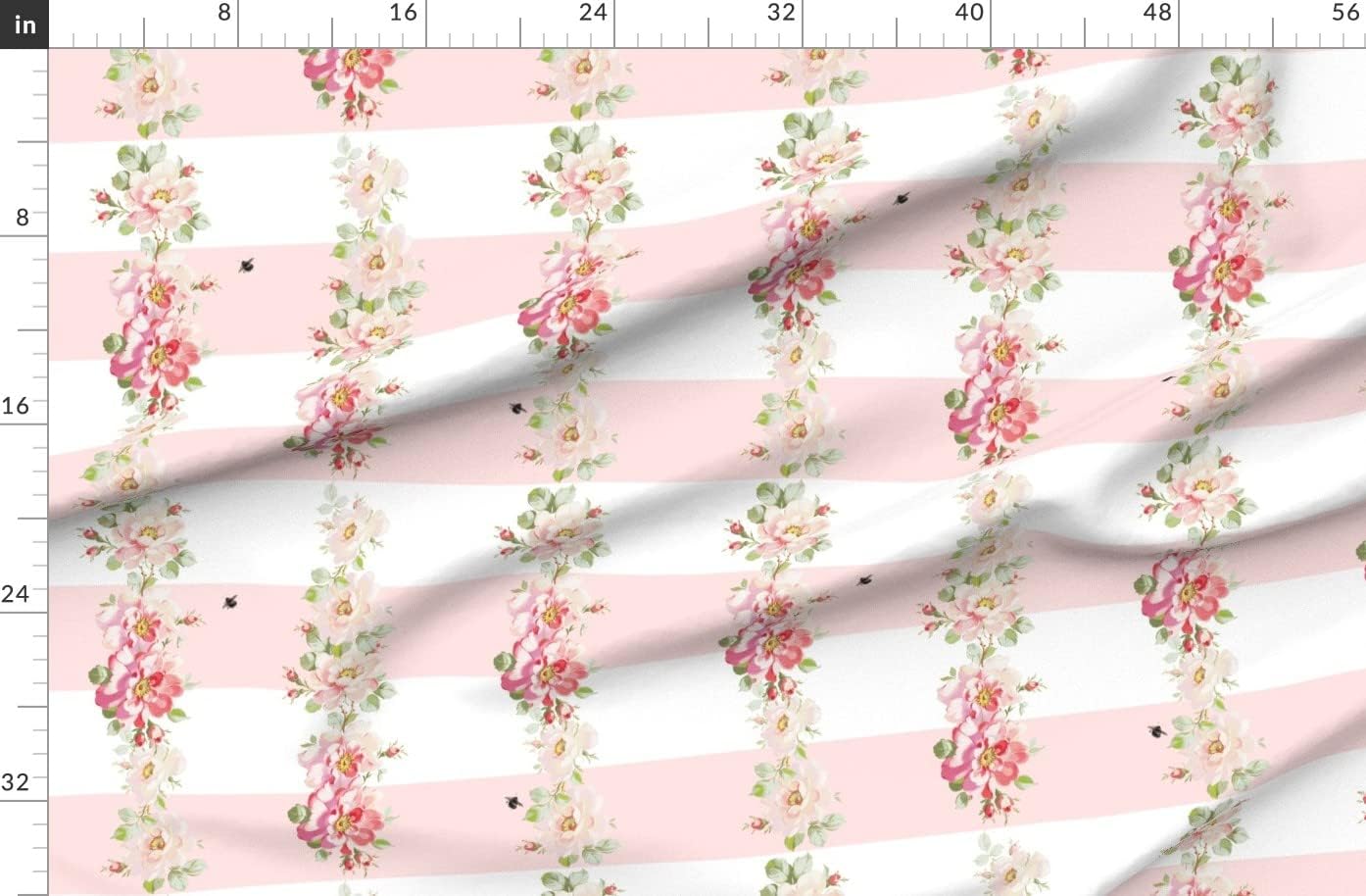 Spoonflower Fabric - Stripe Peony Roses Pink White Shabby Chic Stripes Green Bee Printed on Organic Cotton Sateen Fabric by The Yard - Sewing Quilting Apparel Home Decor