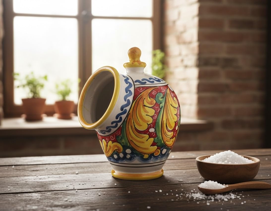 ILAB Saliera in ceramica decorata a mano da ceramisti siciliani di Santo Stefano di Camastra fiore rosso art 15