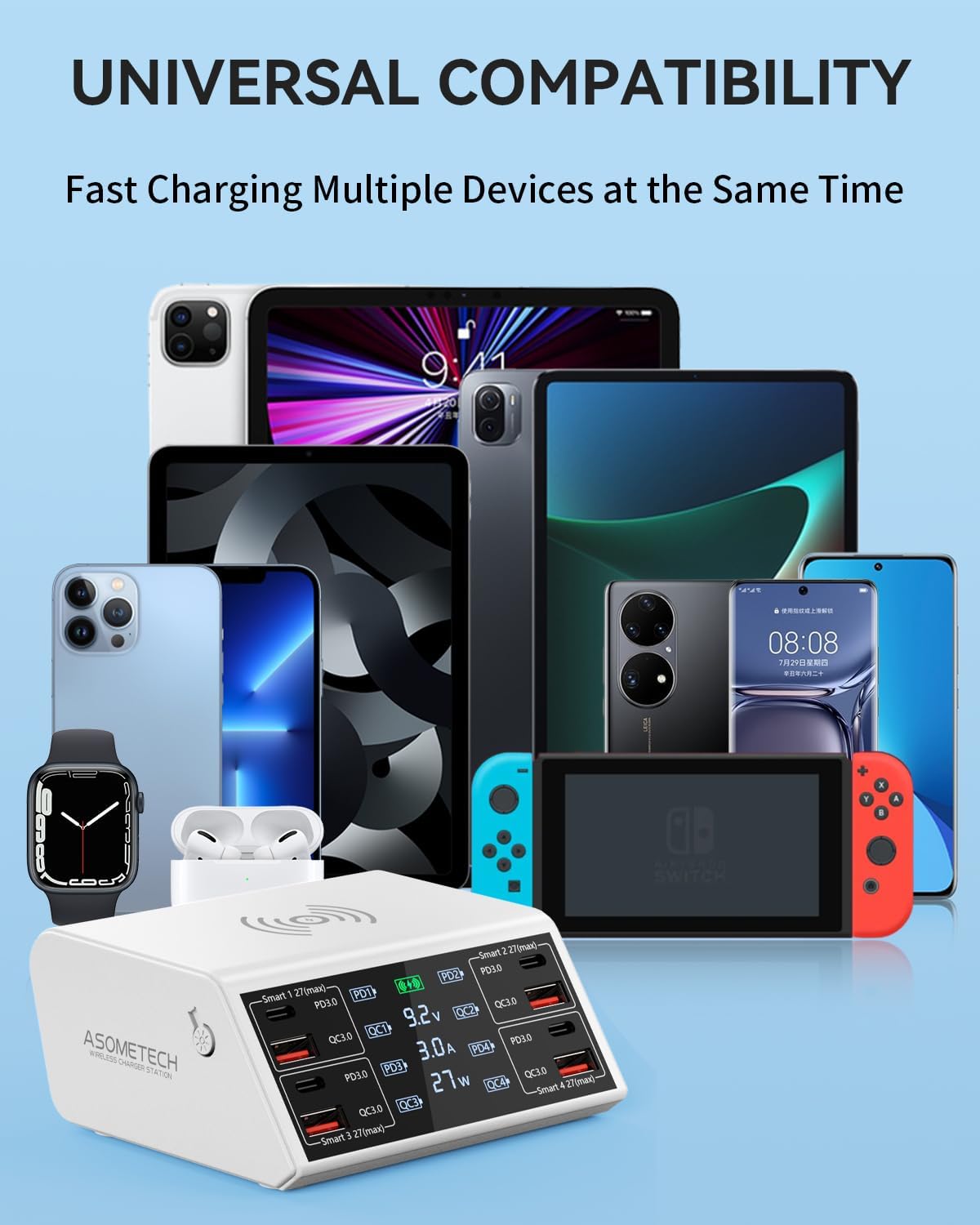 USB Charging Station,100W 8-Port Charging Station for Multiple Devices with 4 QC3.0+4 USB-C PD Ports,Wireless Charger,Multi Fast Charging Hub Charger Station for iPhone,Samsung, iPad