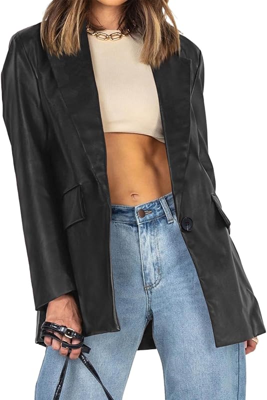 Womens Oversized Faux Leather Jacket Long Sleeve Blazer Lapel
