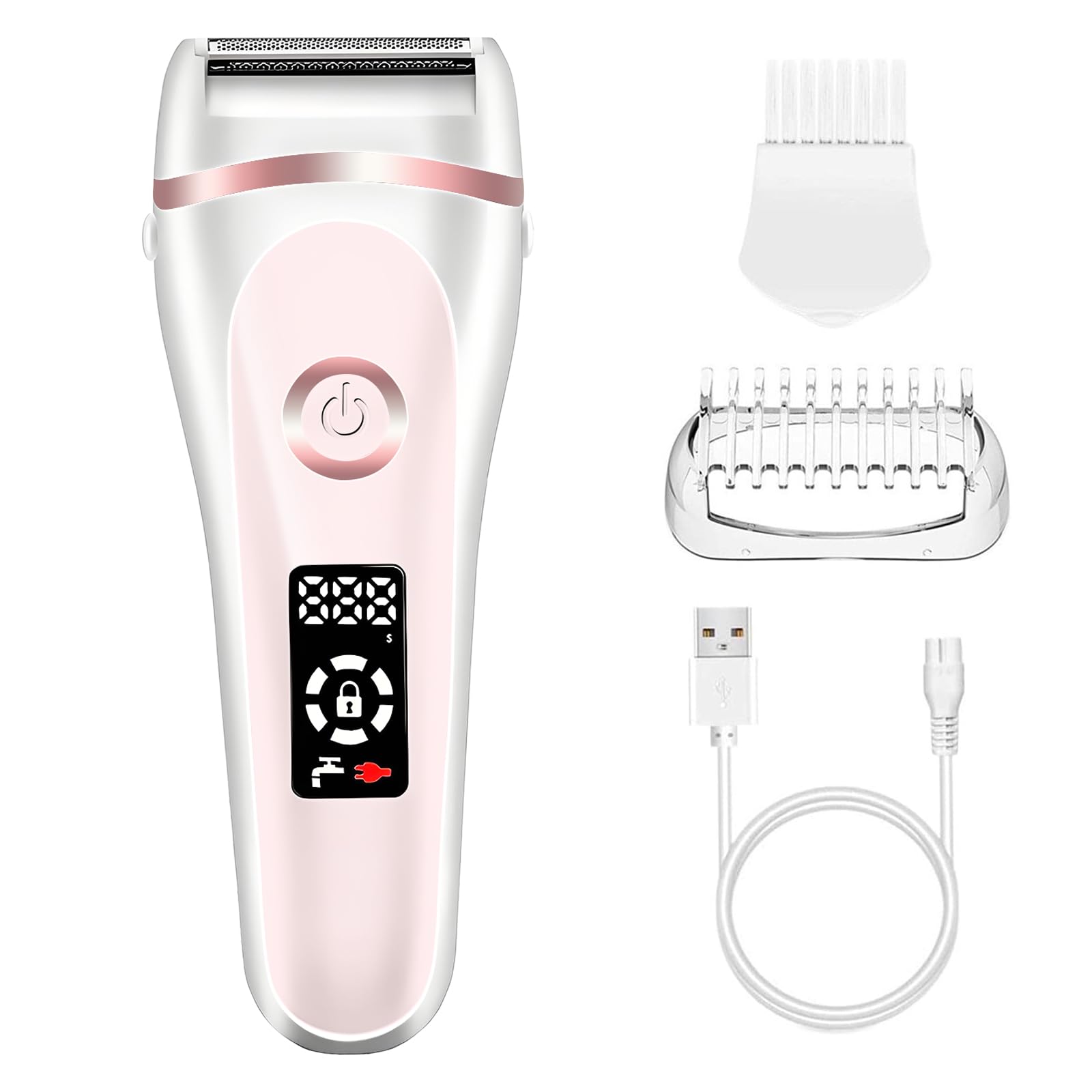 RNKR Women's Electric Razor - 3-in-1 Rechargeable Shaver for Face/Legs/Bikini, Wet&amp;Dry Painless Hair Remover, IPX7 Waterproof, LED Display, USB Charging, Pink